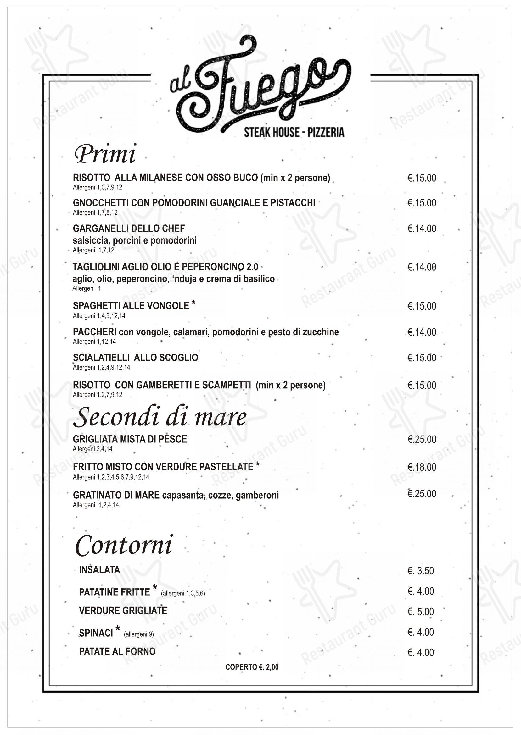 Menu per Al fuego ristorante