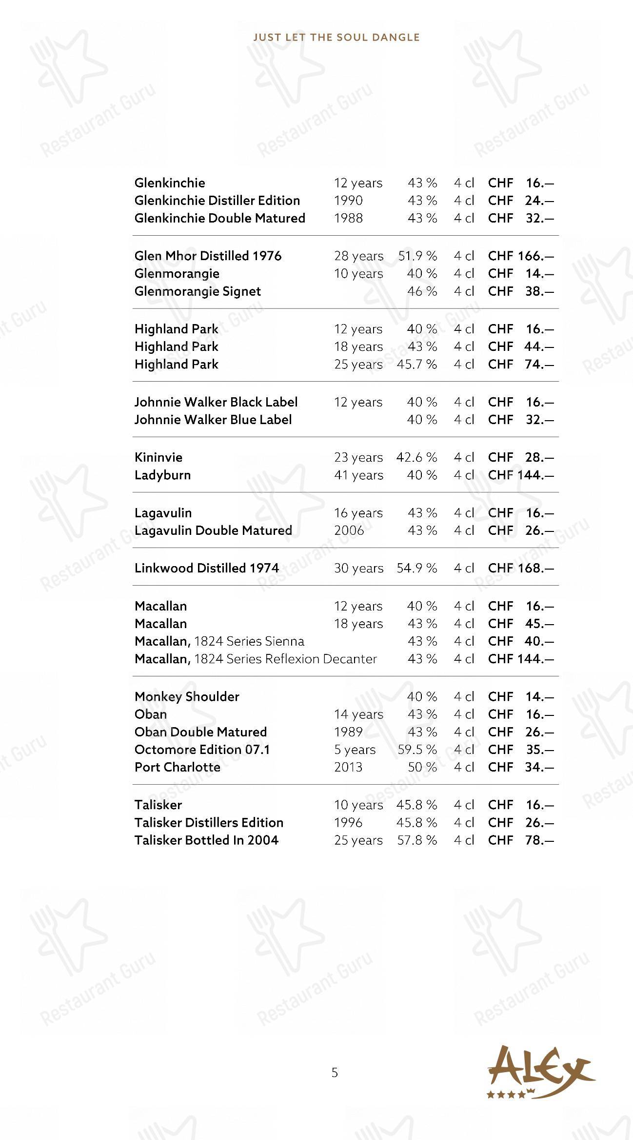 Menu per Alex Lounge Bar & Fumoir in Zermatt