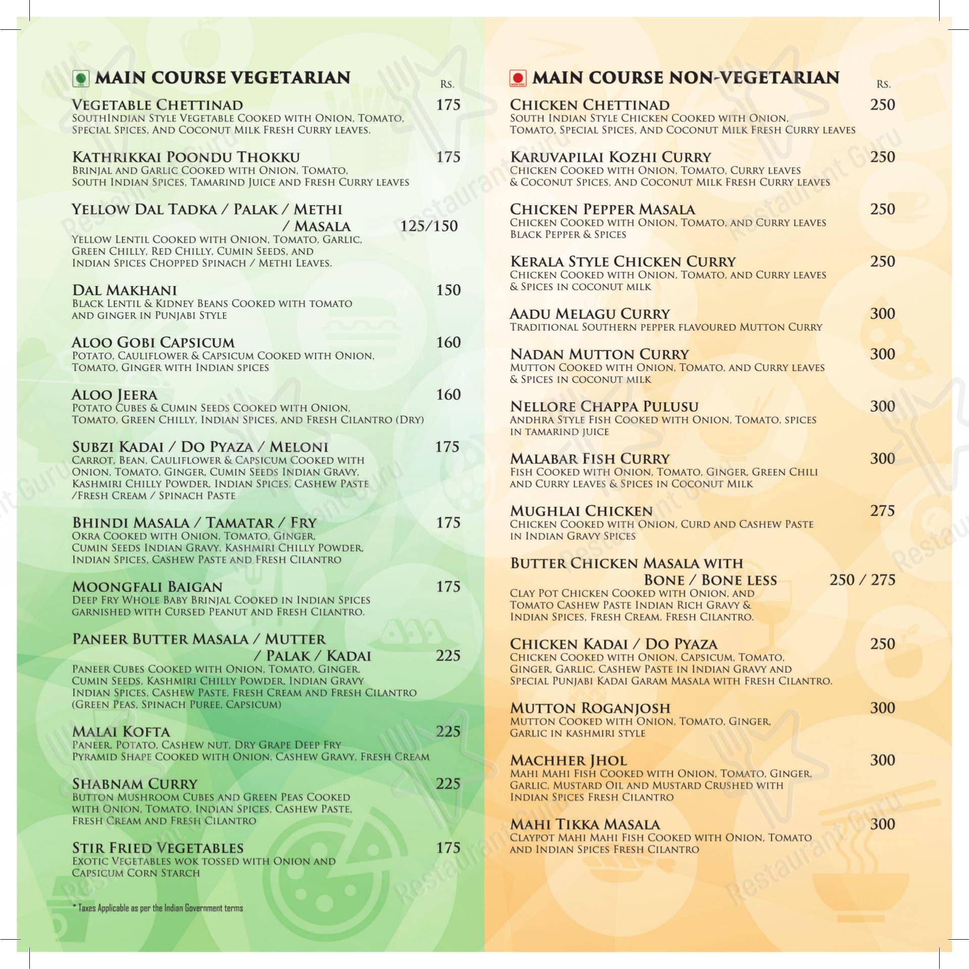 Menu bar for the Aroma Multicuisine Restaurant restaurant