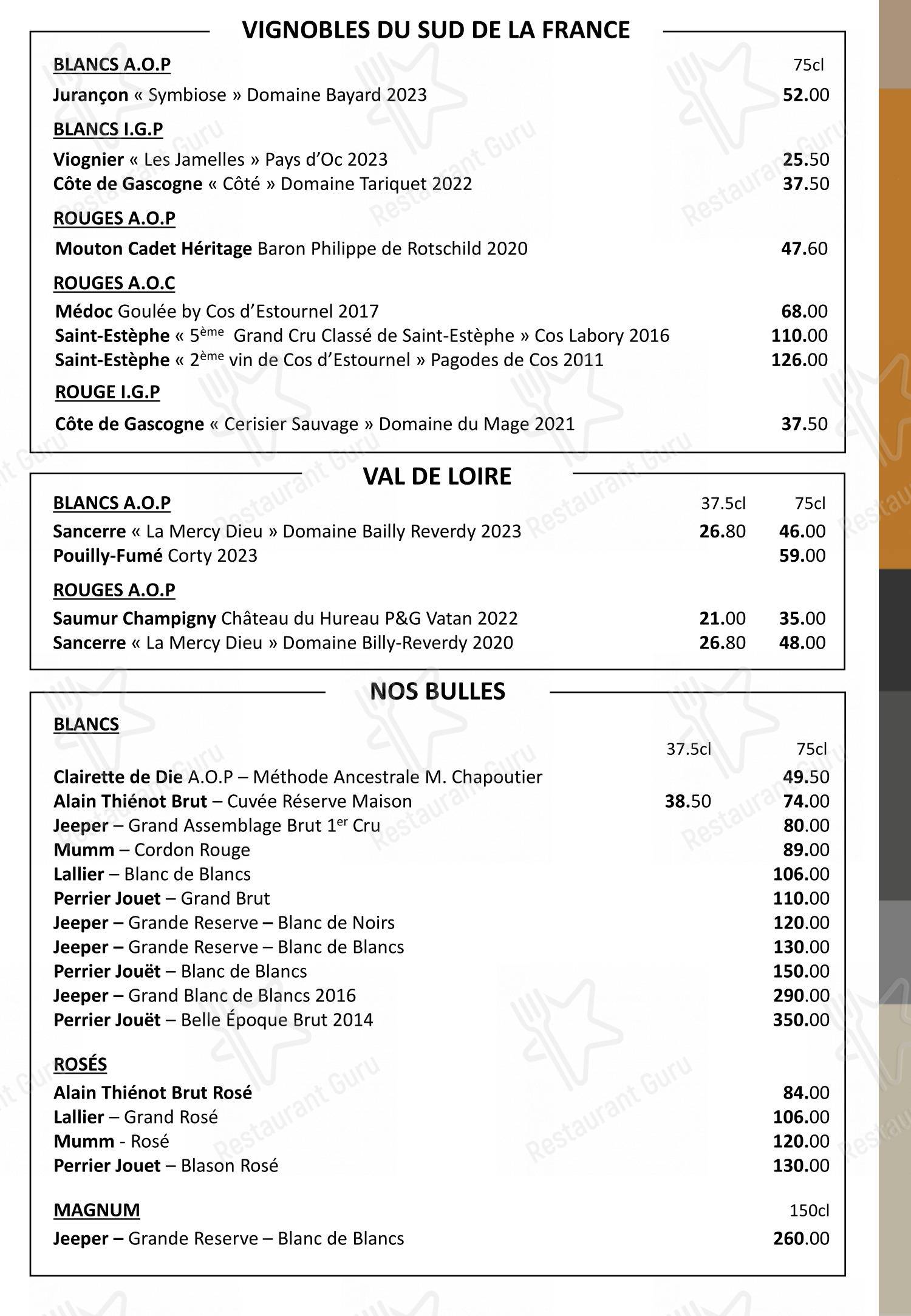 Menu pour Brasserie L'Ouest - Bocuse - plats et boissons