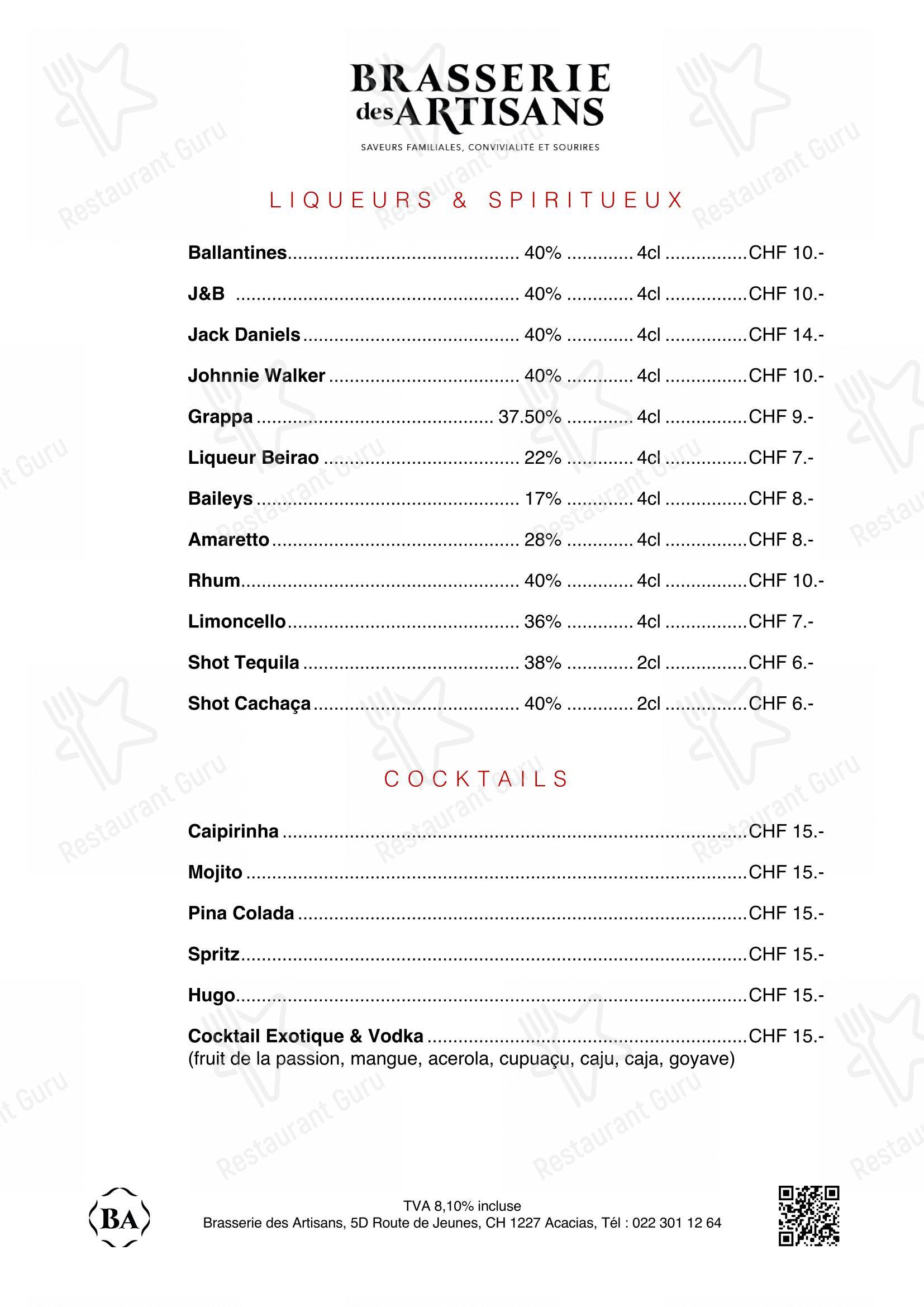 Menu di Brasserie des Artisans - Menu