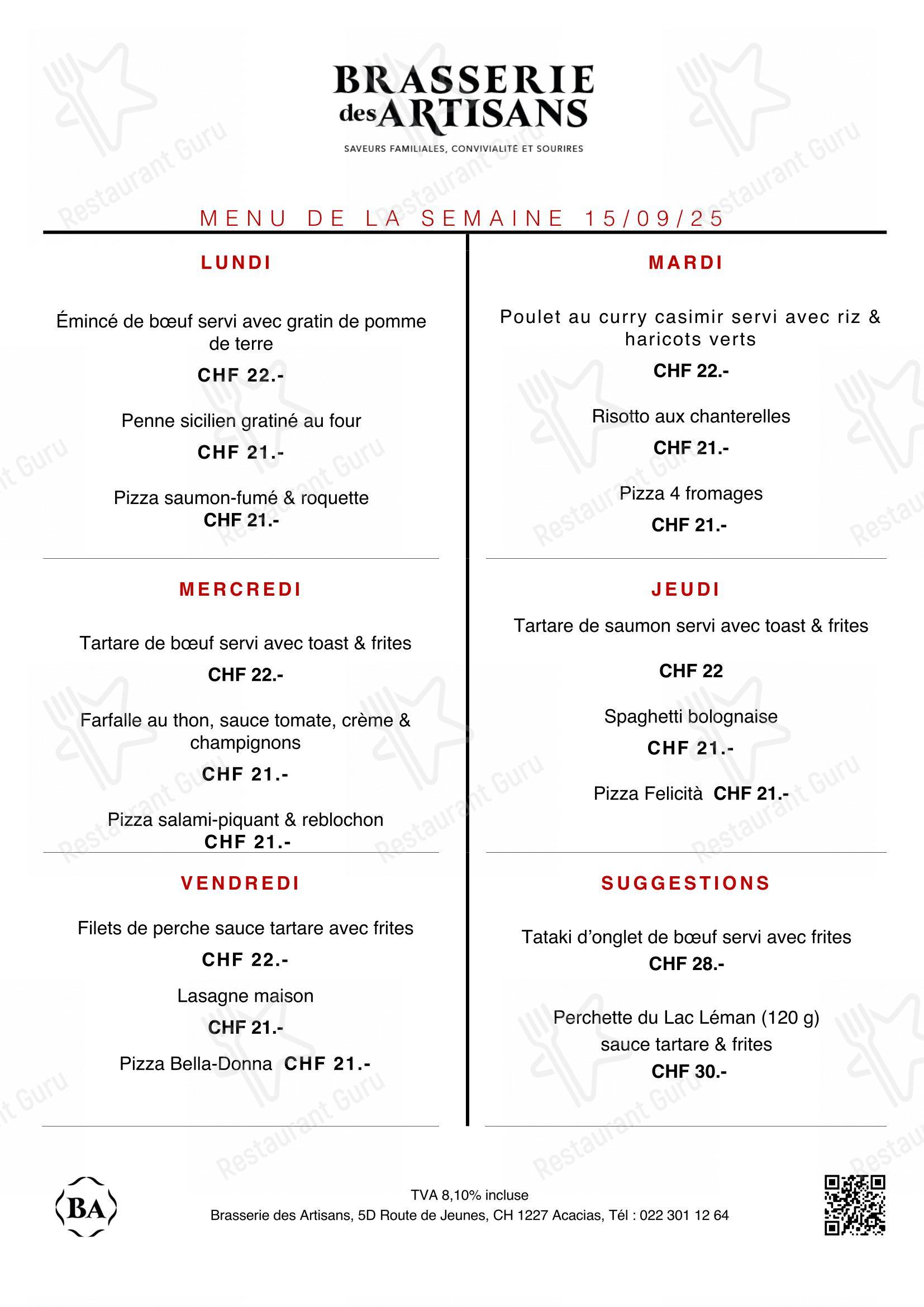 菜单 per Brasserie des Artisans pizzeria