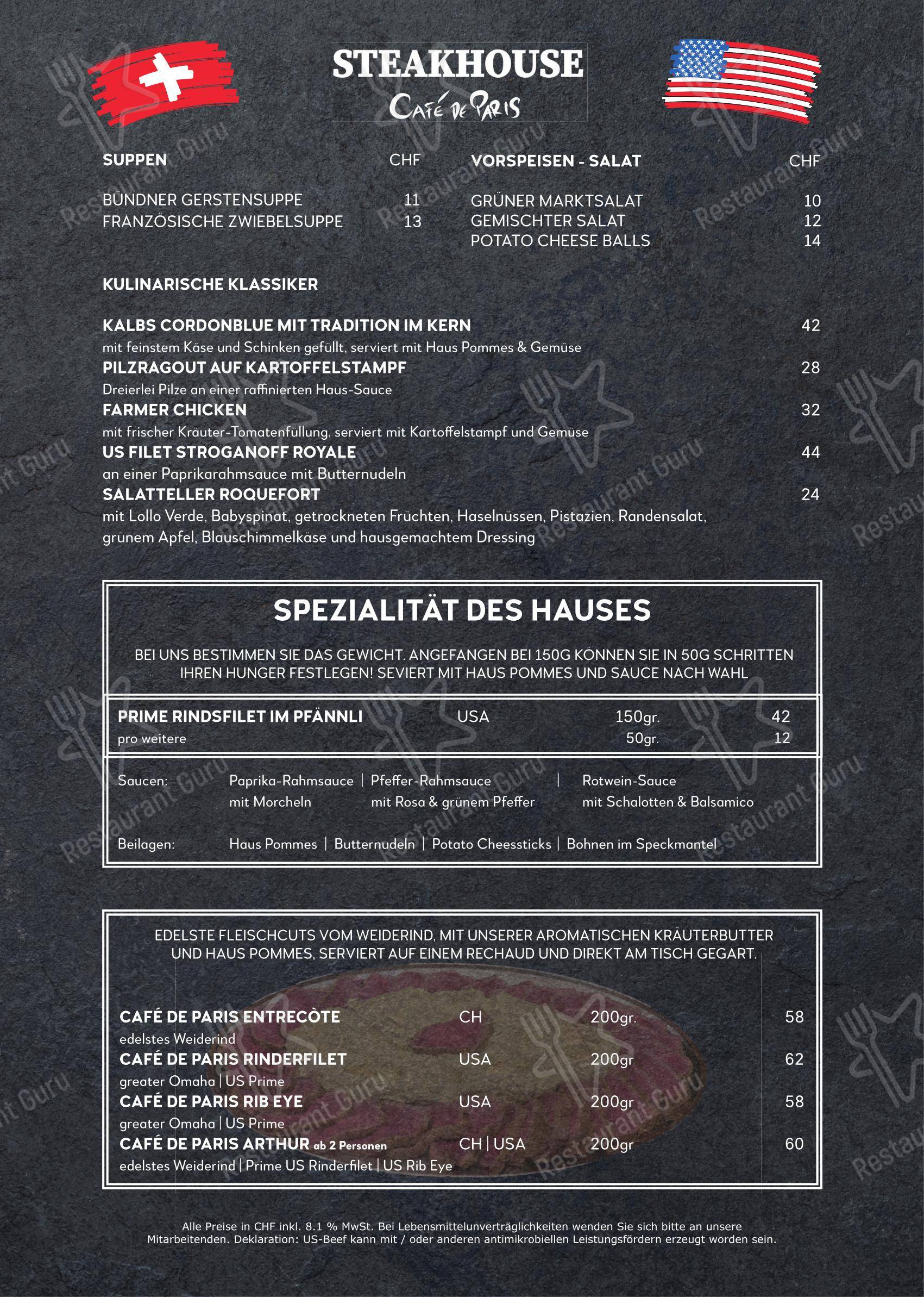 Menu bar per Café de Paris in Arosa