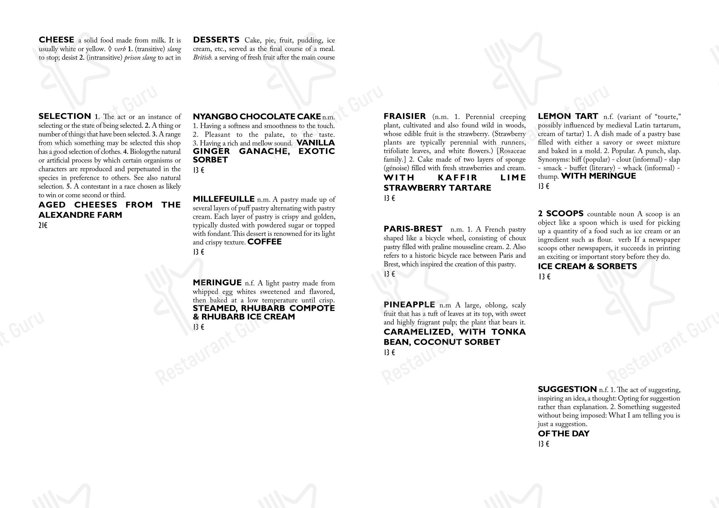 Restaurant Derrière dans Paris - Основное меню