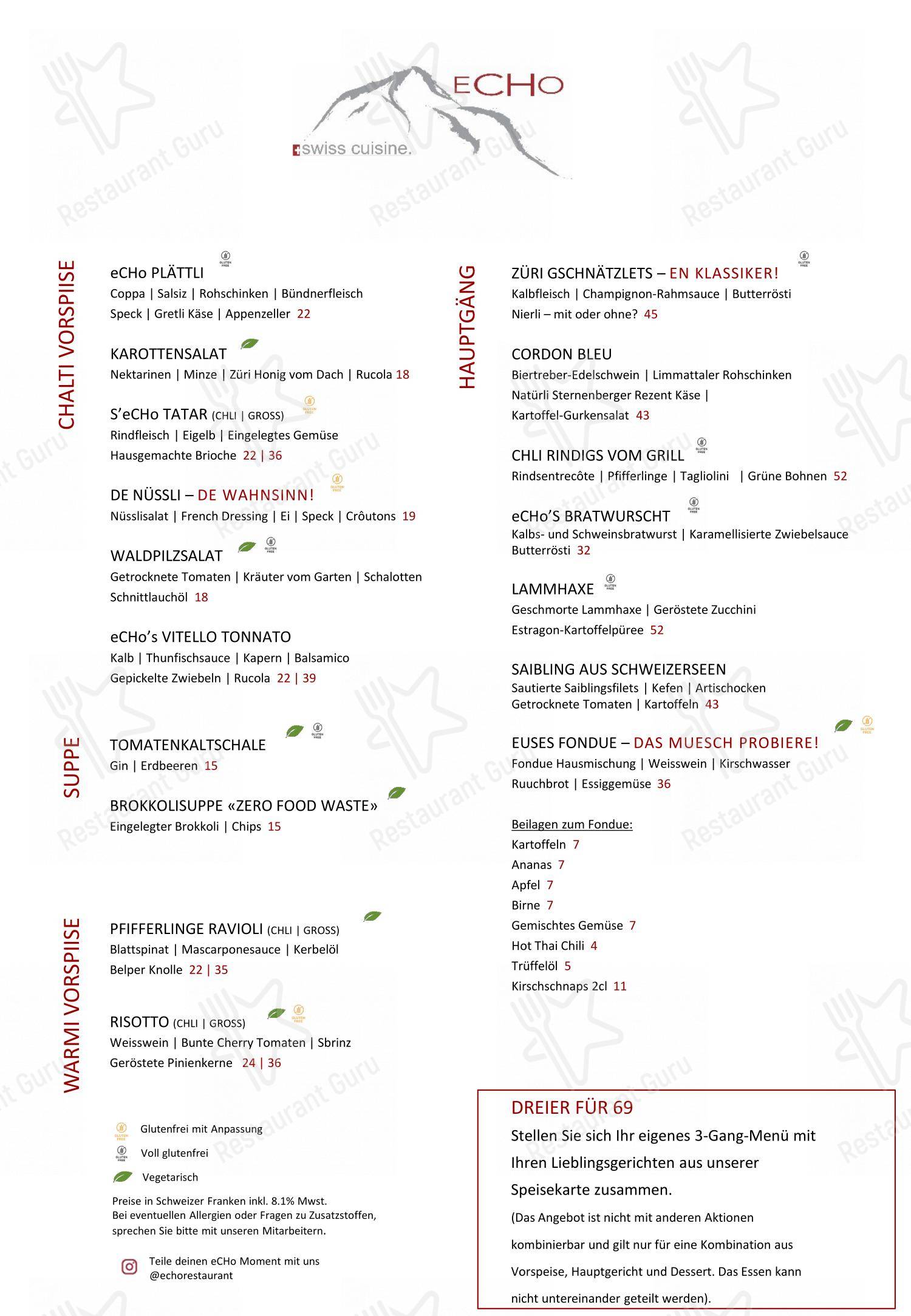Echo in Zurigo - Menu