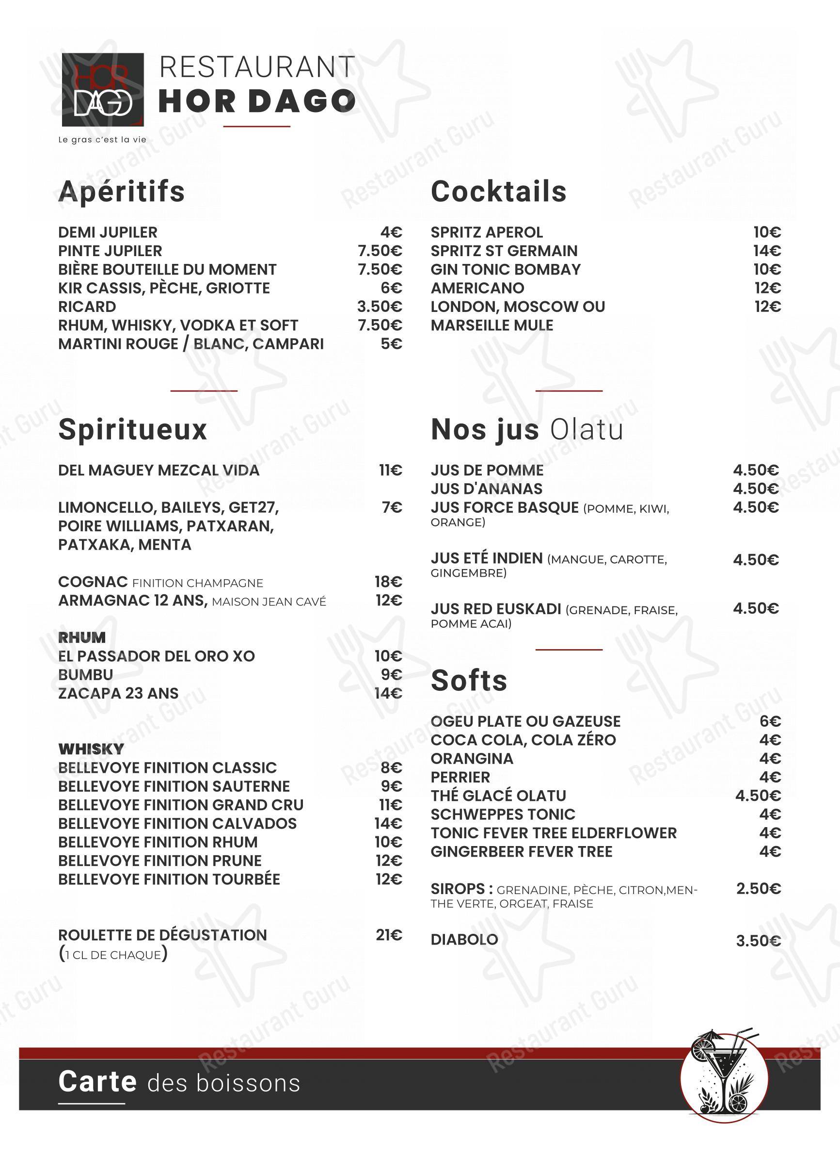 Menu au Hor Dago restaurant, Saint-Jean-de-Luz