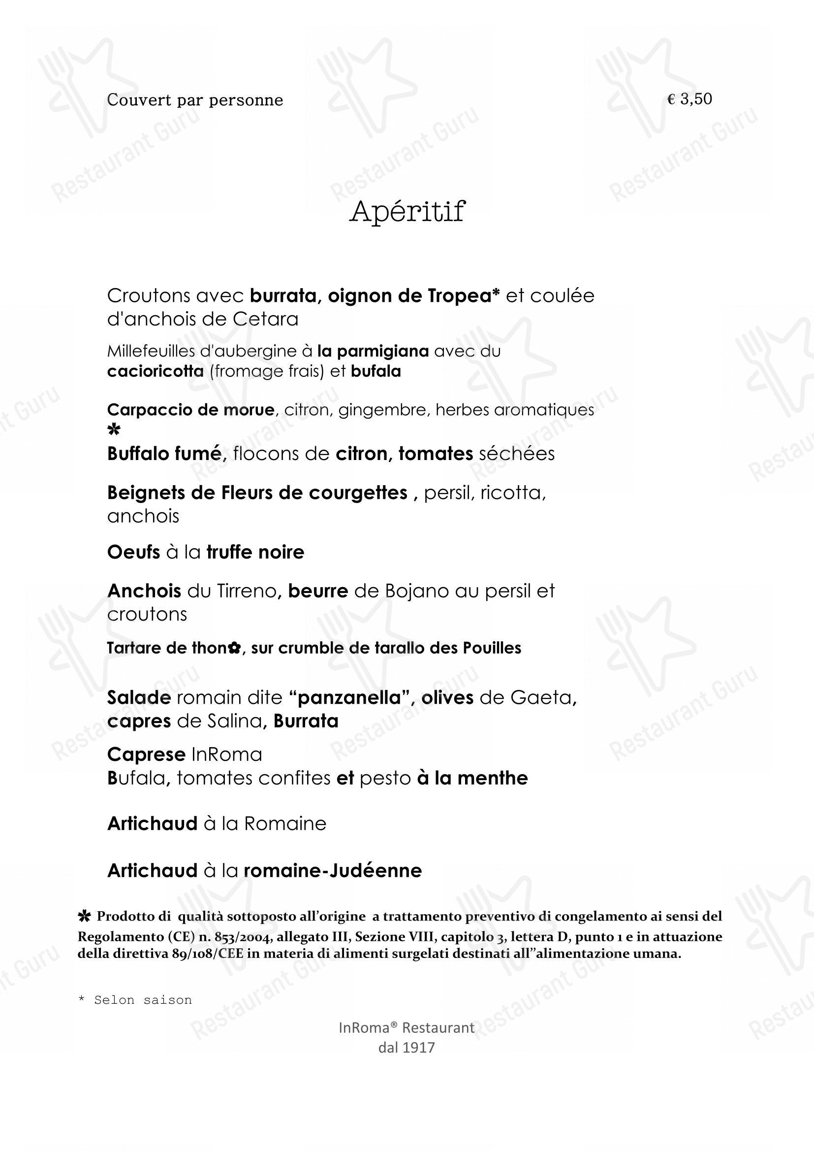 Menu per In Roma dal 1917 - Famous in the world for Carbonara in Roma