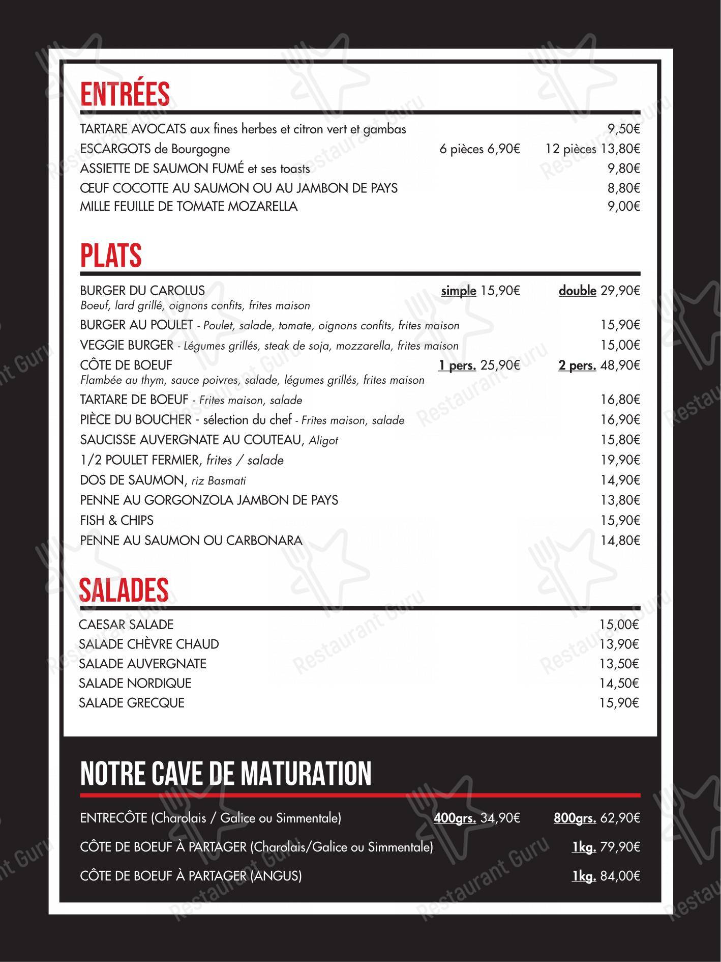 Menu pour Le Carolus dans Paris