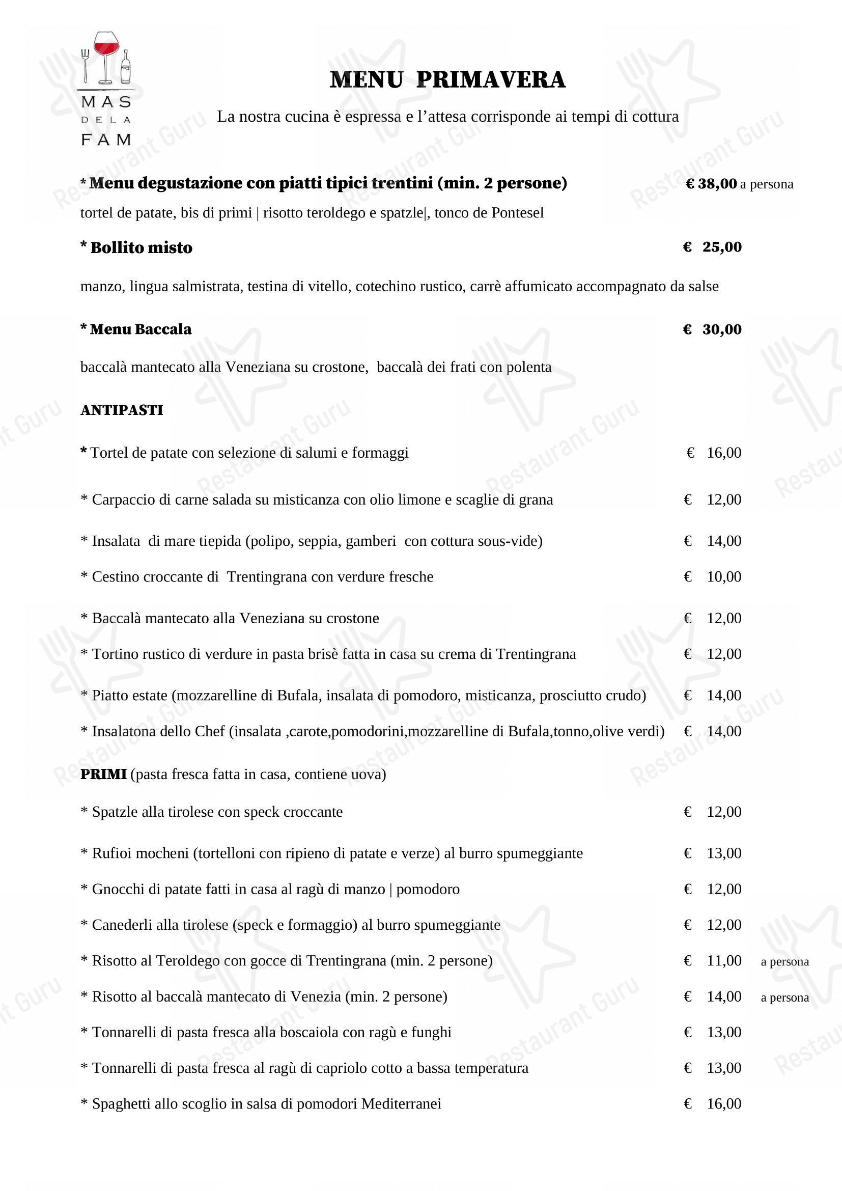 Menu per Ristorante Mas dela Fam in Ravina