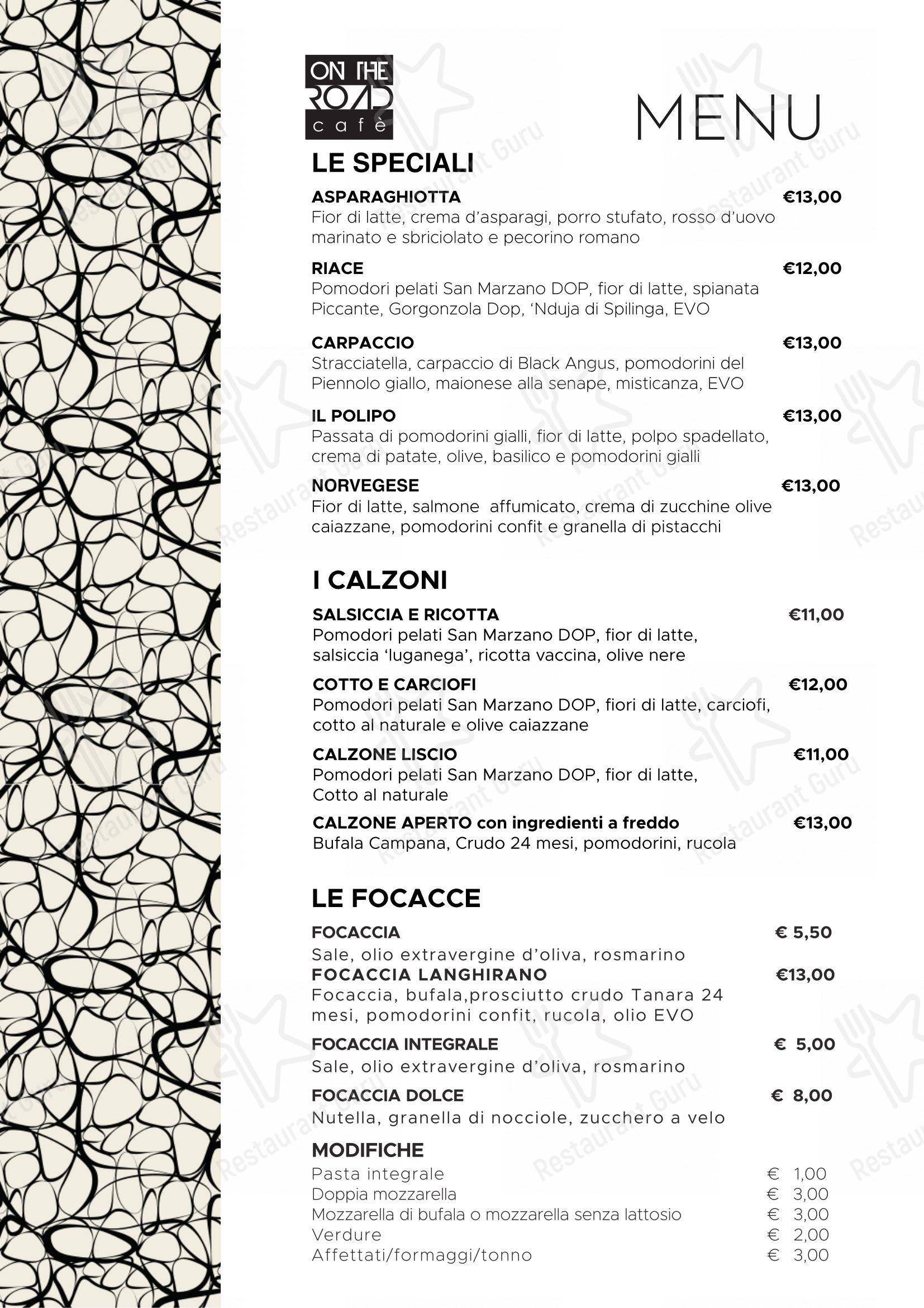 Основное меню pour On The Road Cafe dans Inzago