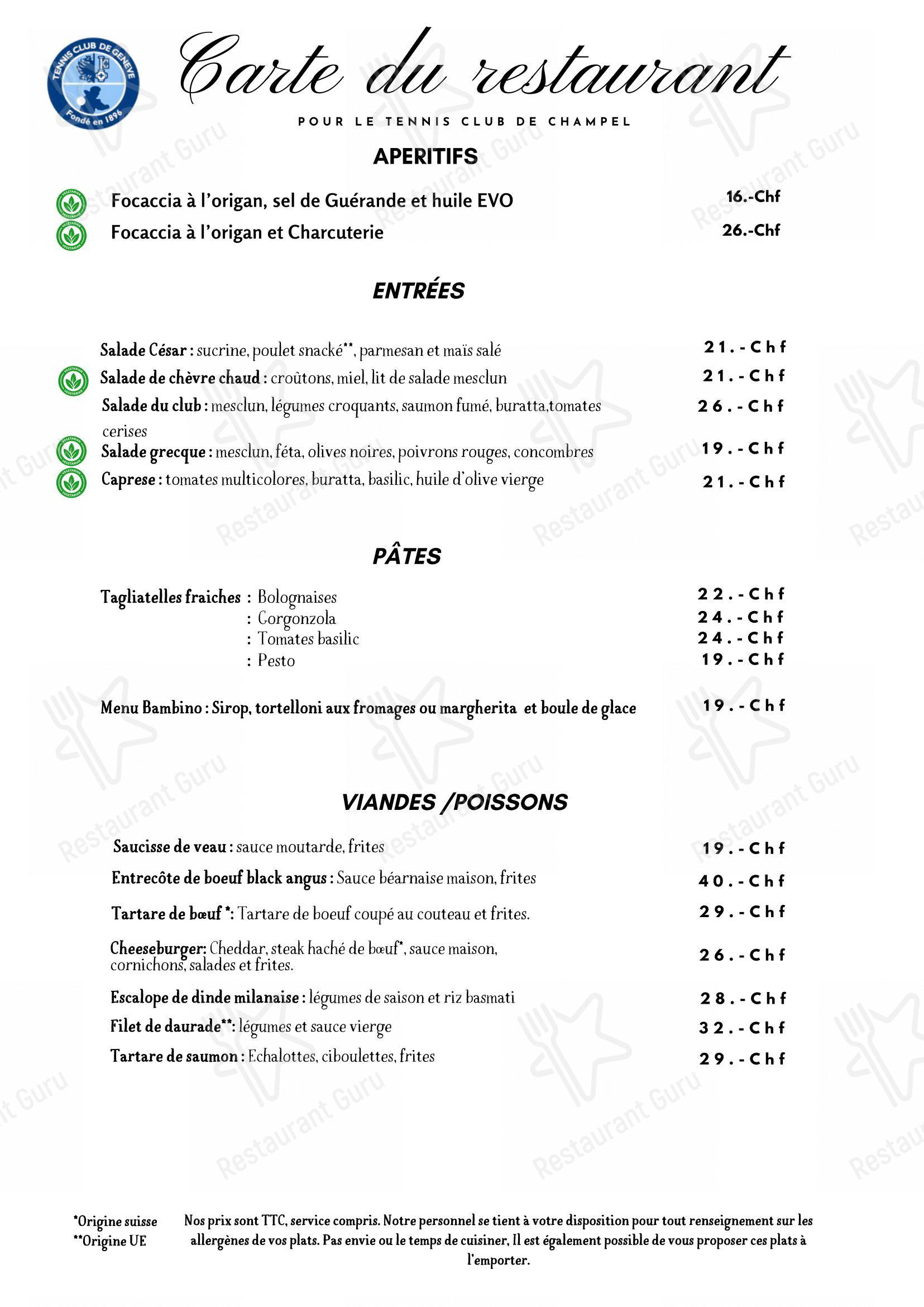 Menu di Restaurant Tennis Club de Champel - Menu bar