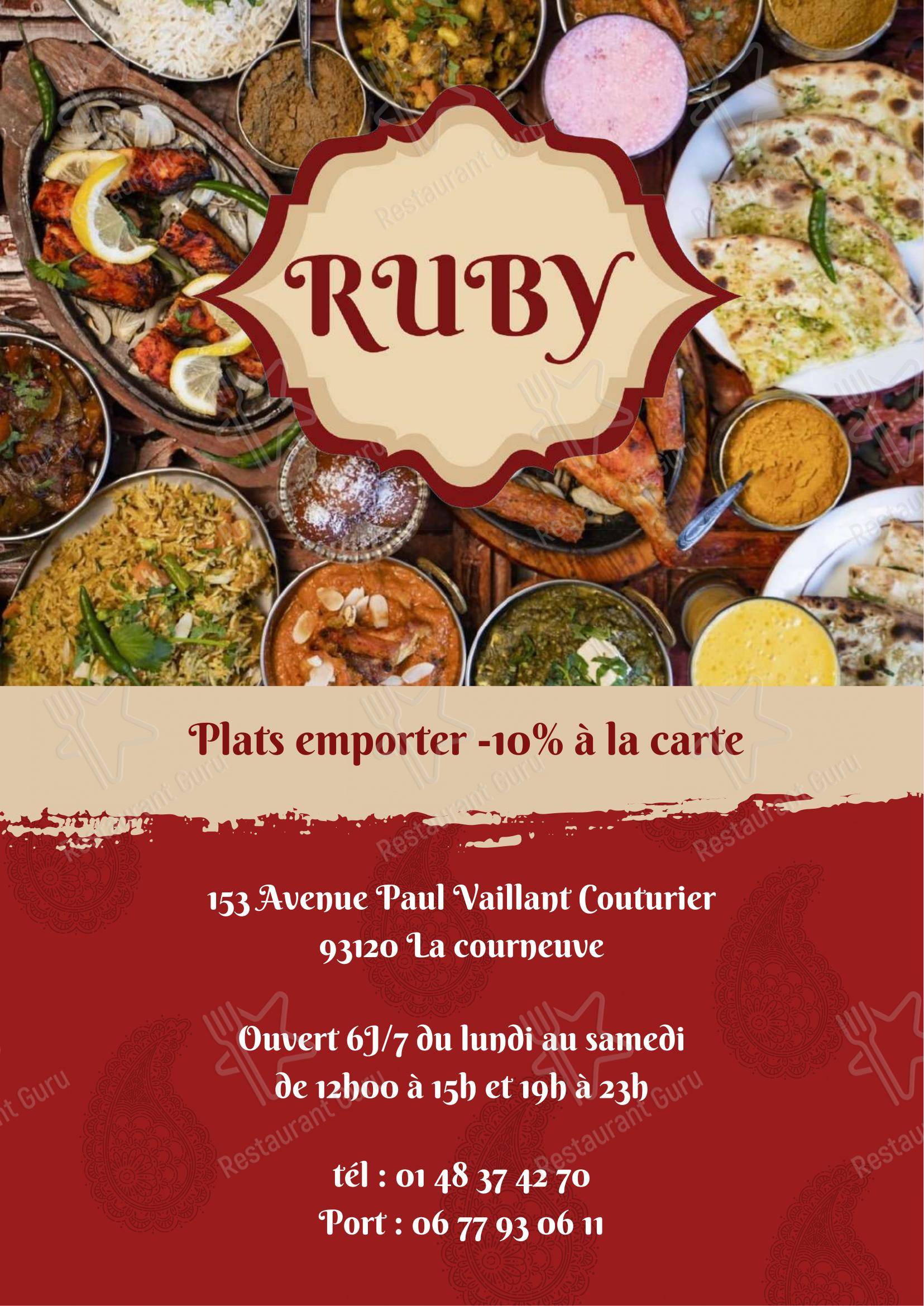 Menu pour Ruby Restaurant restaurant