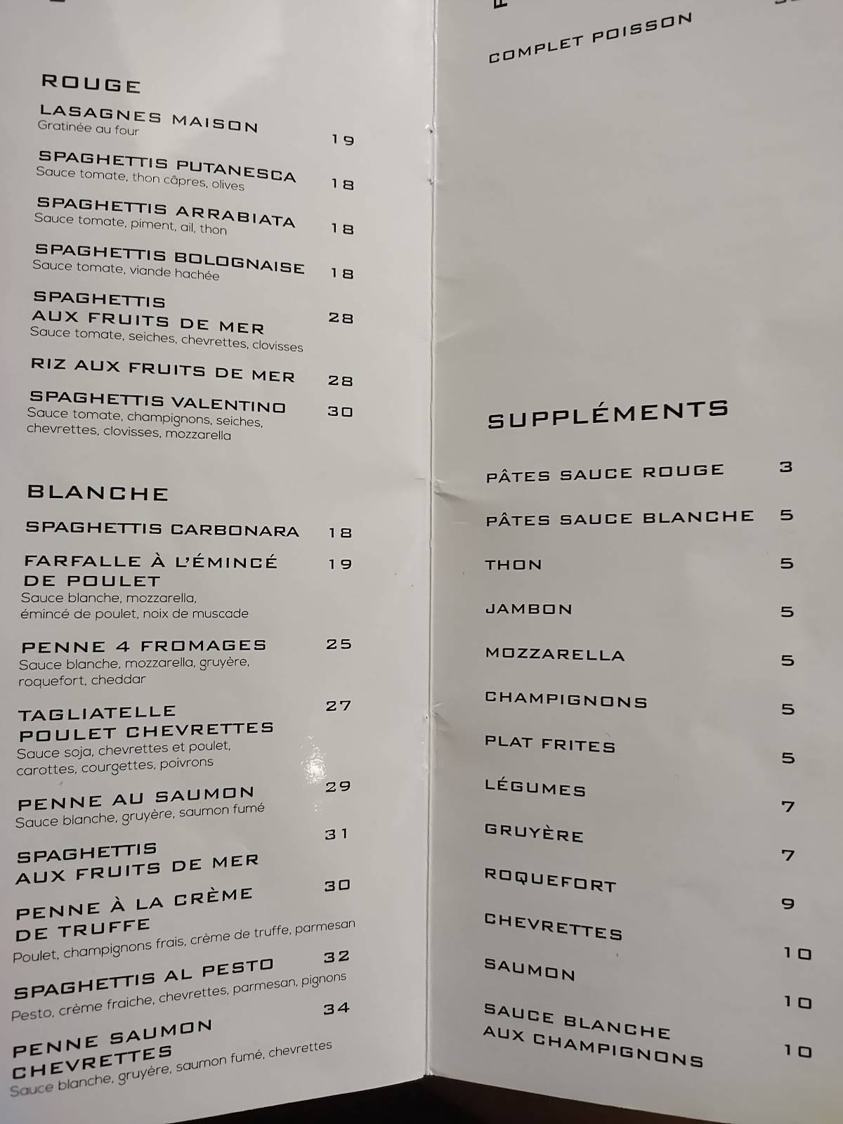 Menu de restaurant valentino
