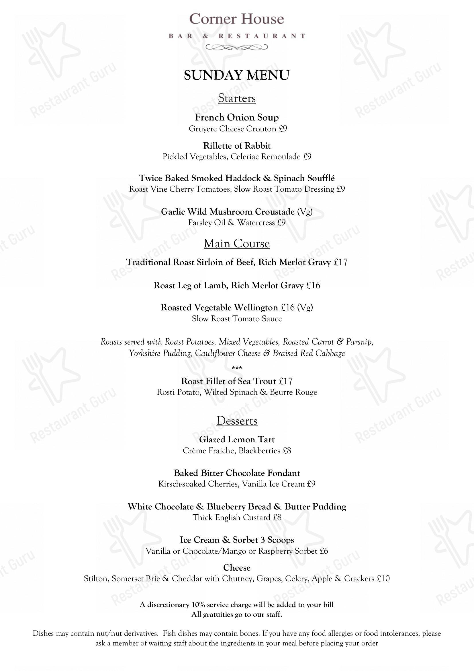 Menu At The Corner House Hotel Restaurant Taunton