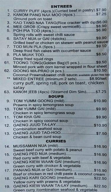 Baan Thai Restaurant menu