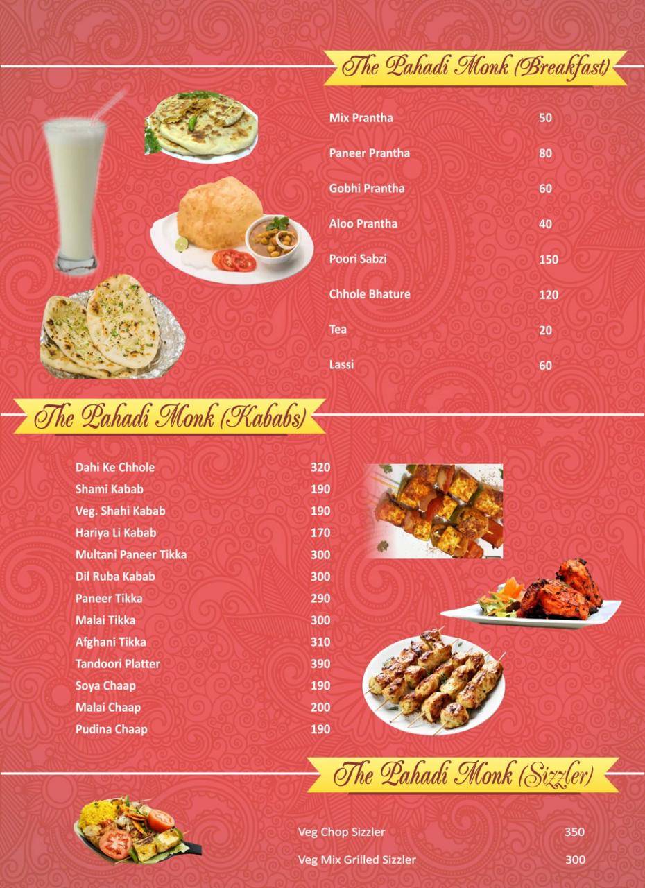 The Pahadi Monk menu