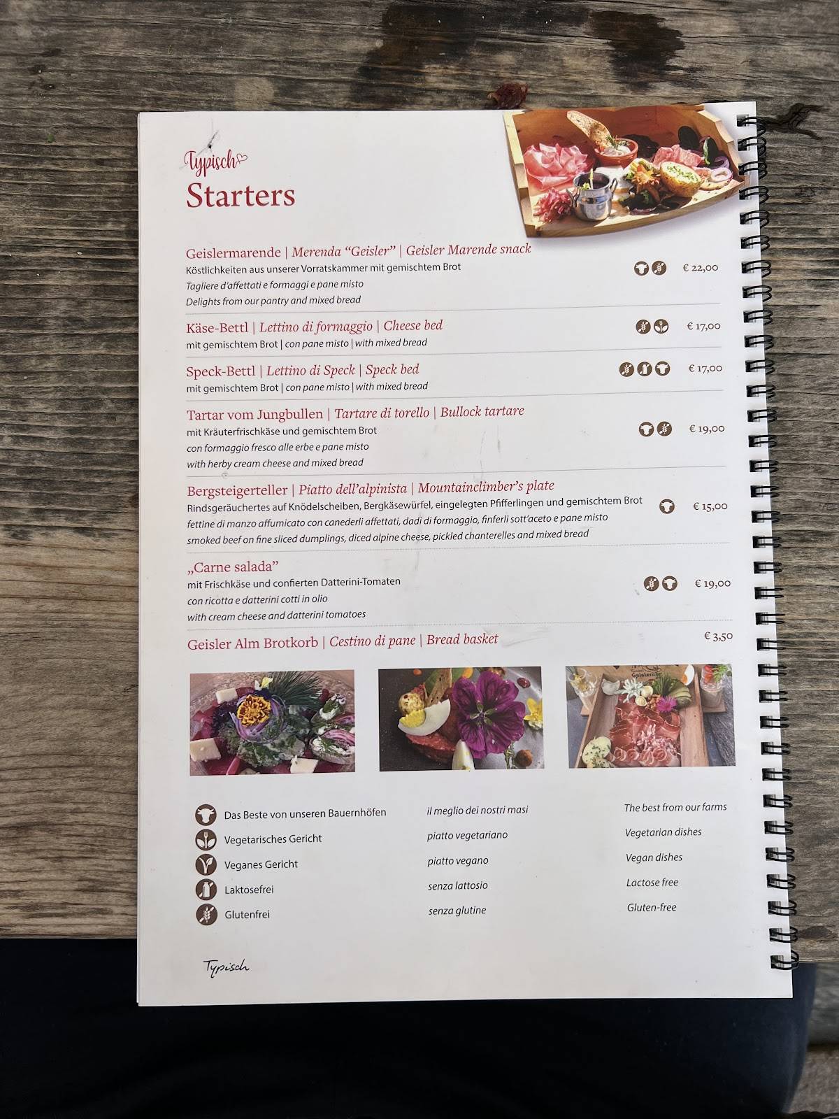 Menu di Rifugio Odle - Geisleralm 
