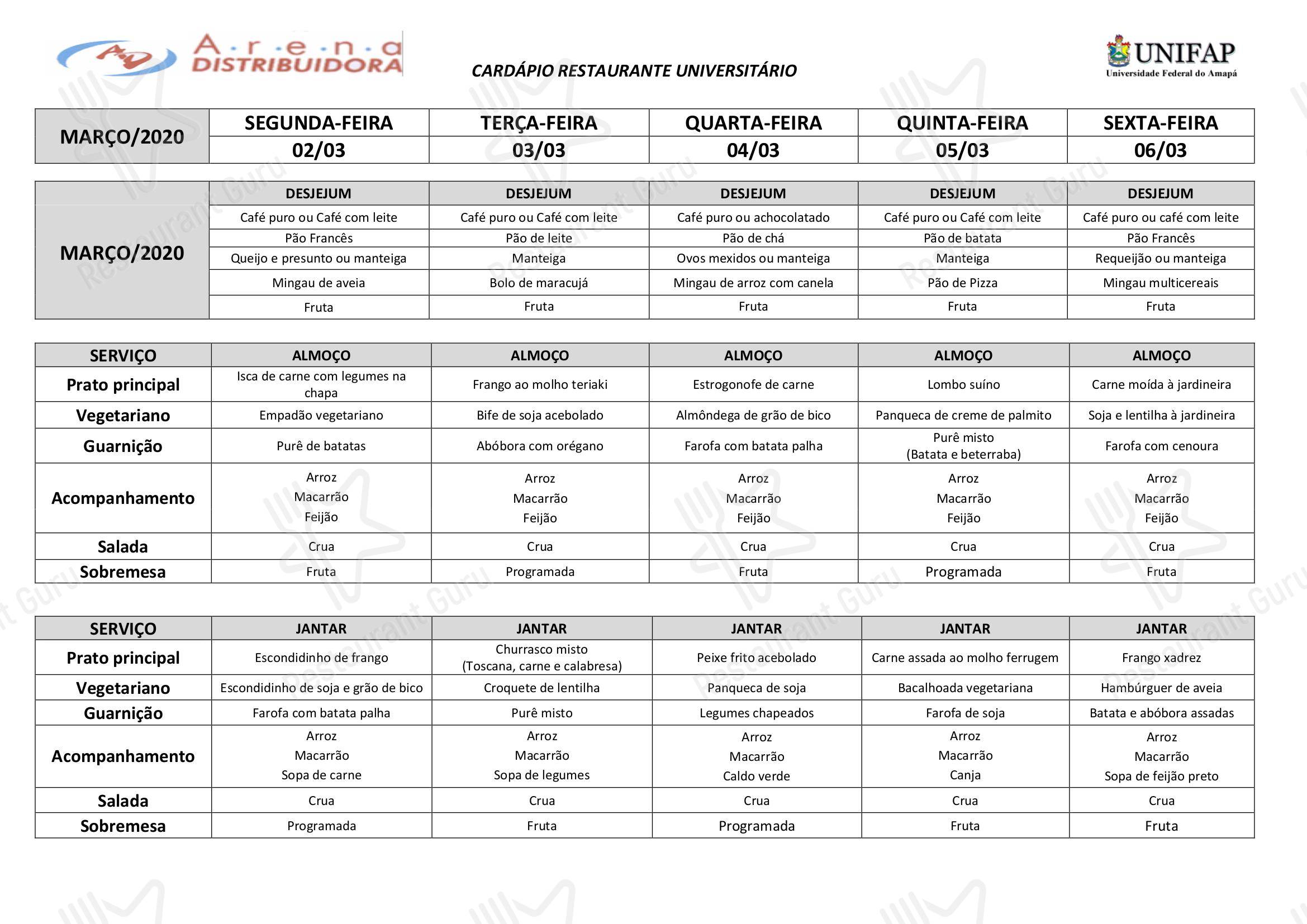 Restaurante Universitário - UNIFAP em Macapá - Dine in menu