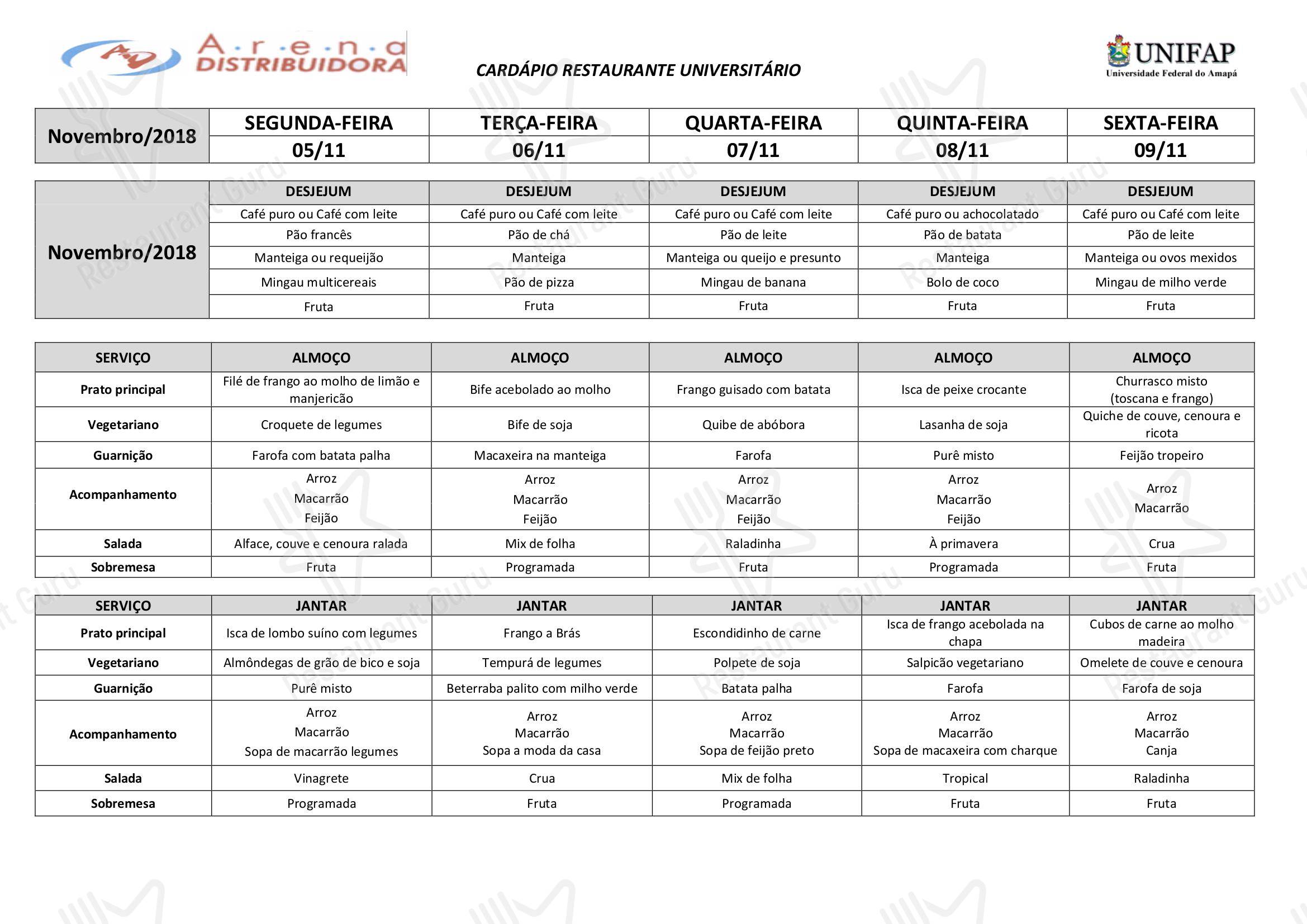 Restaurante Universitário - UNIFAP em Macapá - Bar food menu