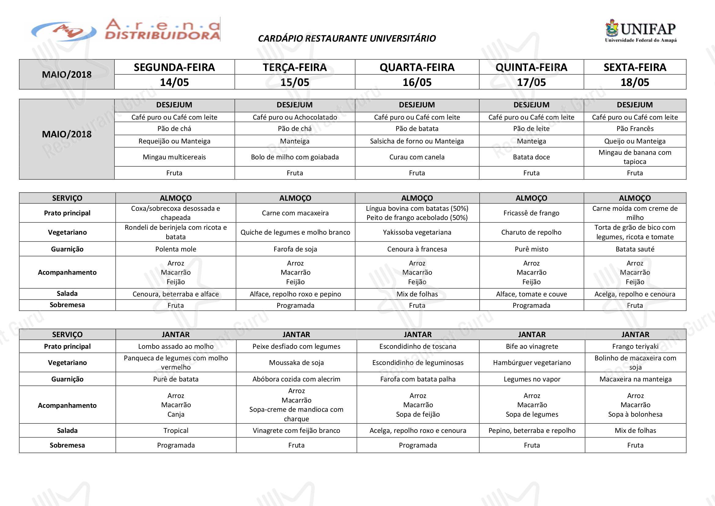 Menu Menu para Restaurante Universitário - UNIFAP em Macapá