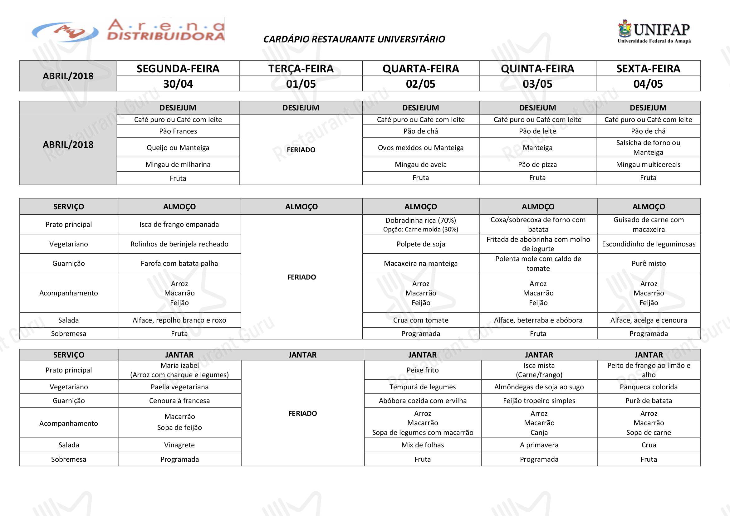 Restaurante Universitário - UNIFAP - Menu a la carte