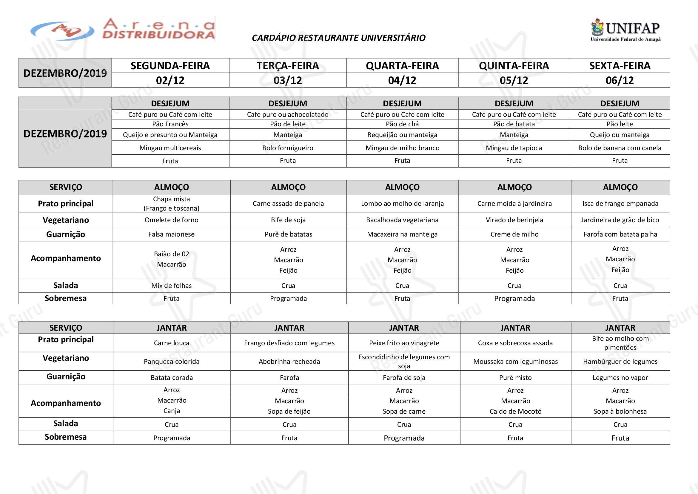 Menu delivery para Restaurante Universitário - UNIFAP restaurante