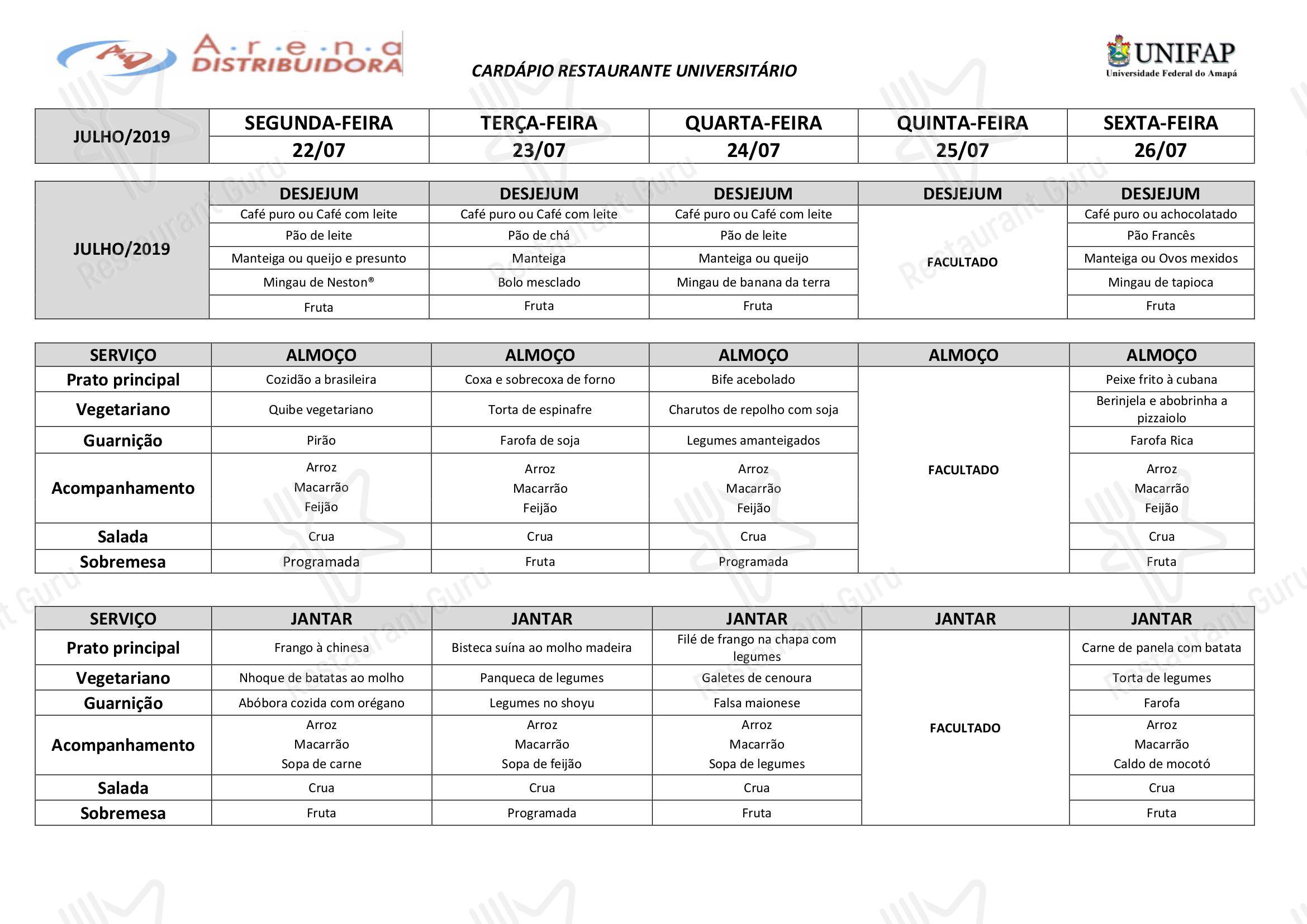 Restaurante Universitário - UNIFAP - Cafe New Menu