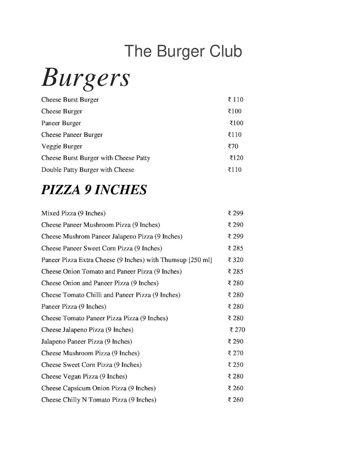 The Burger Club menu