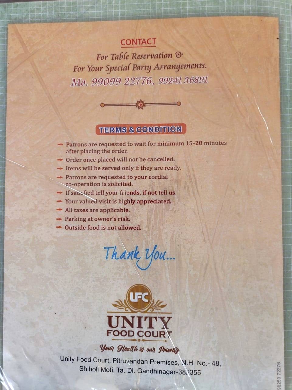 Unity Food Court menu