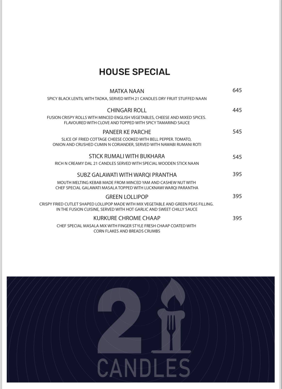21 Candles Restaurant & Cafe A Unit of The Masala Chowk menu