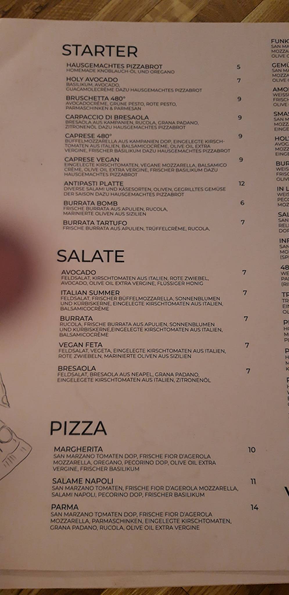 Speisekarte von 480grad neapolitan Pizza & Bar, Würzburg