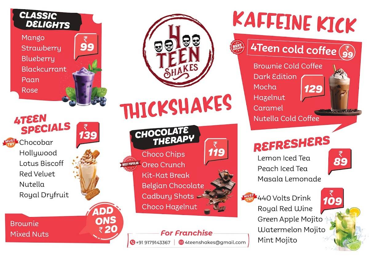 4Teen Shakes menu