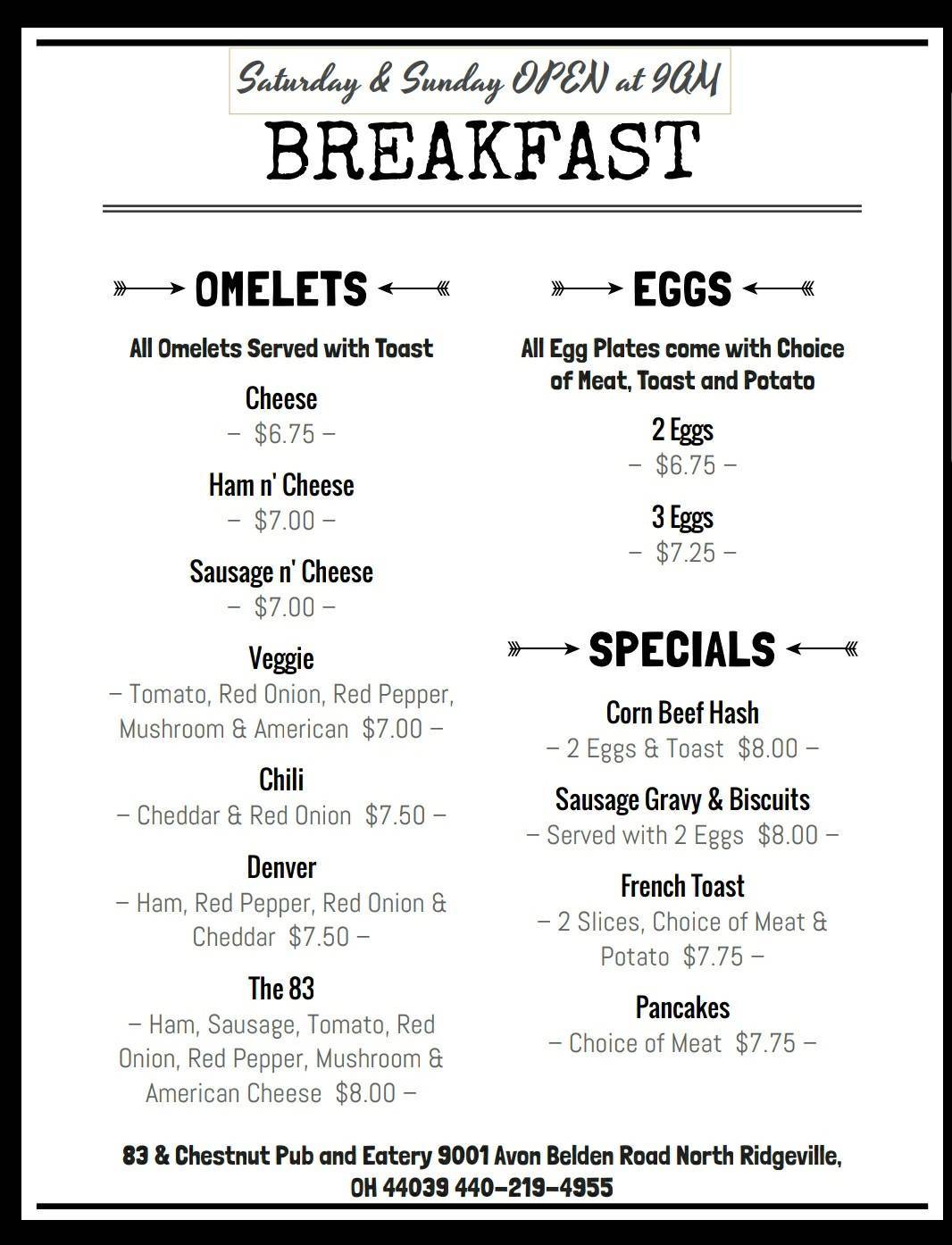Menu at 83 & Chestnut Pub and Eatery, North Ridgeville