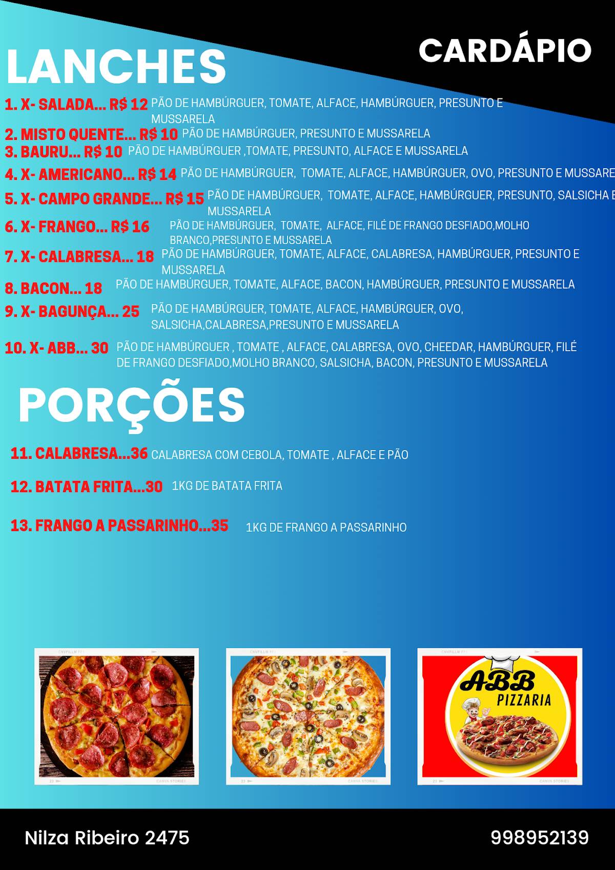 ABB PIZZARIA cardápio