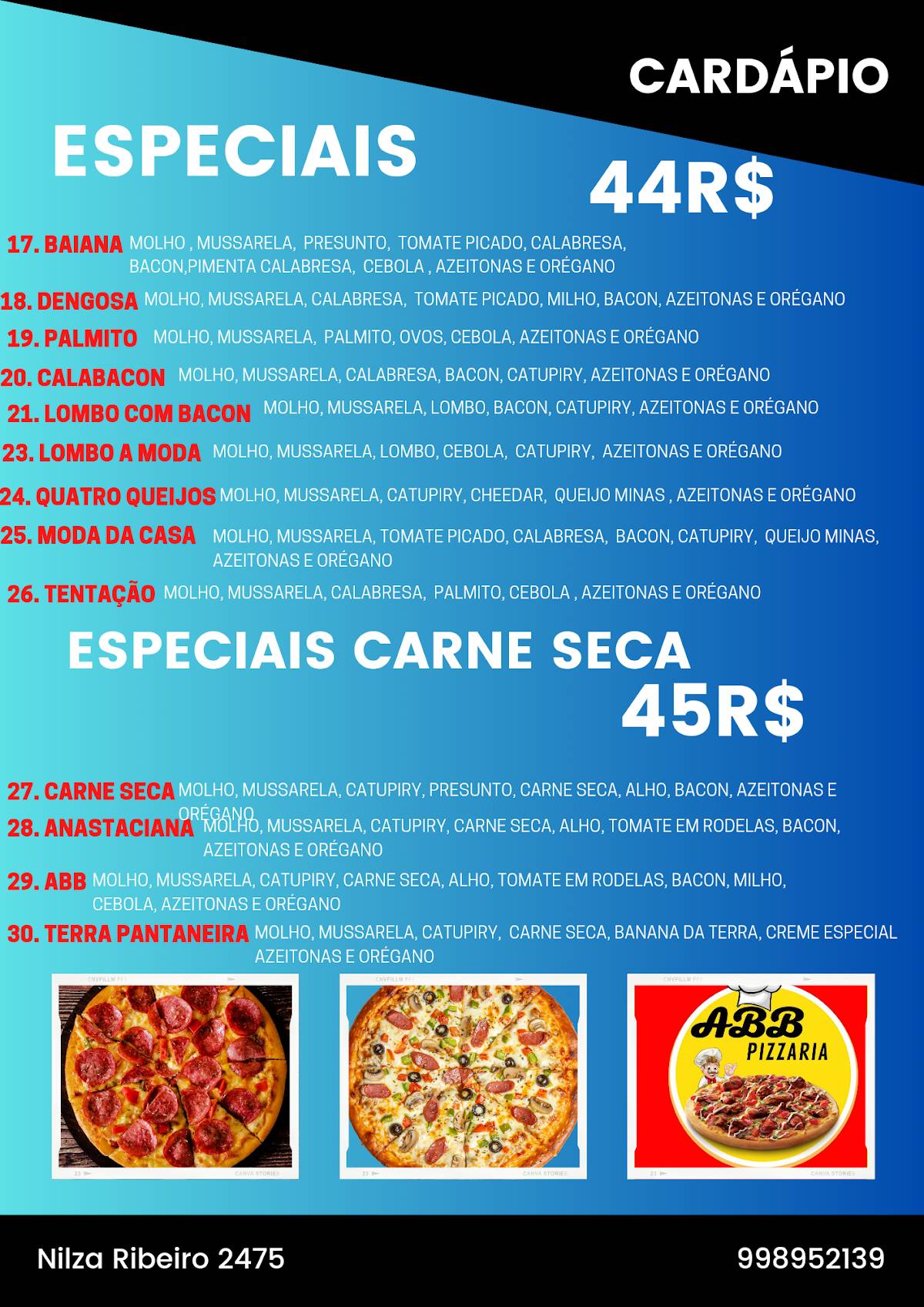 ABB PIZZARIA cardápio