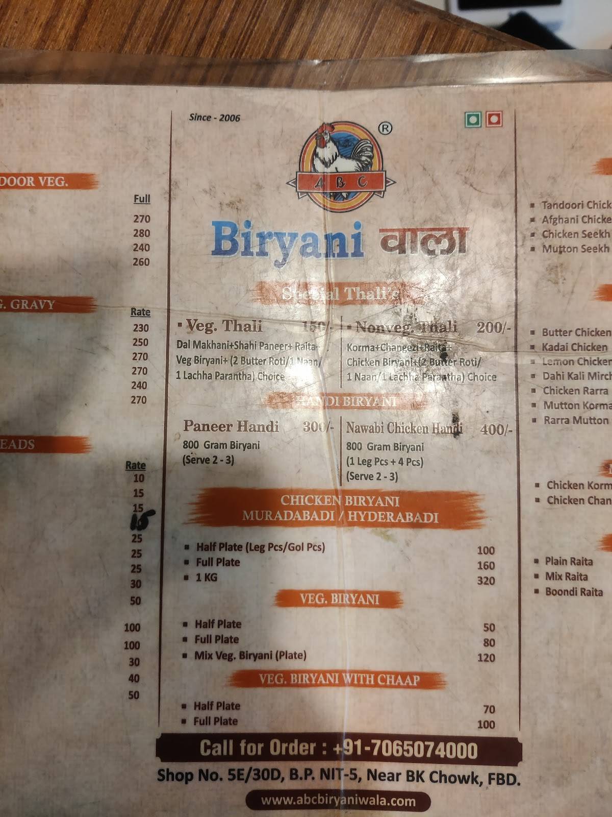 ABC BIRYANI WALA PVT LTD menu