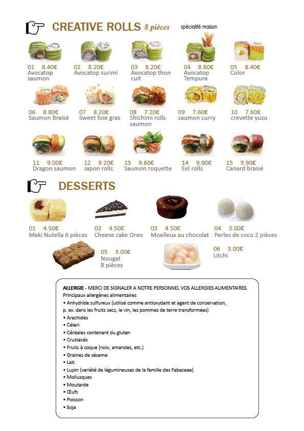 Menu de ASIA SHOP traiteur japonais（plats à emporter）