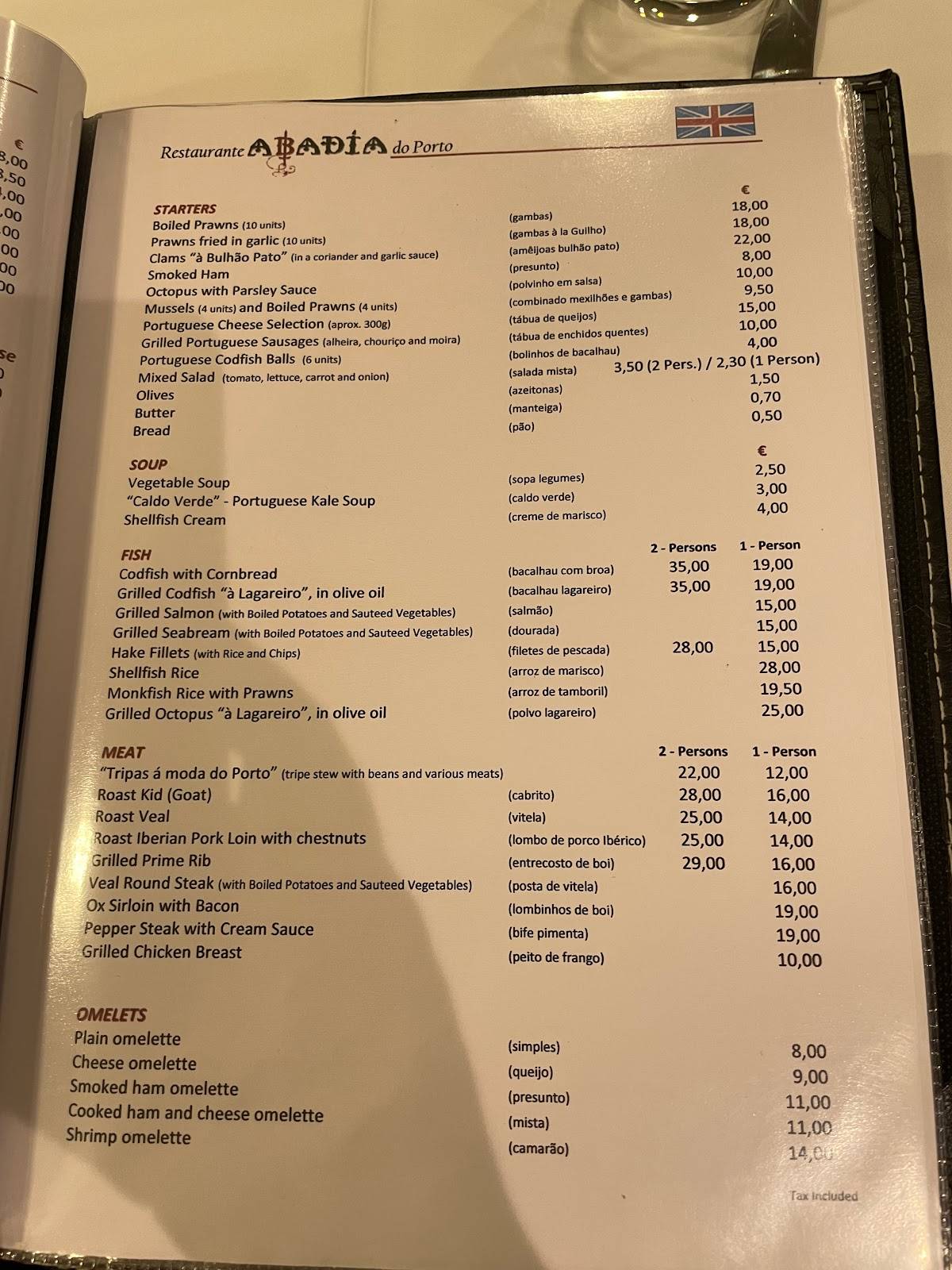 Menu at Abadia do Porto restaurant, Porto