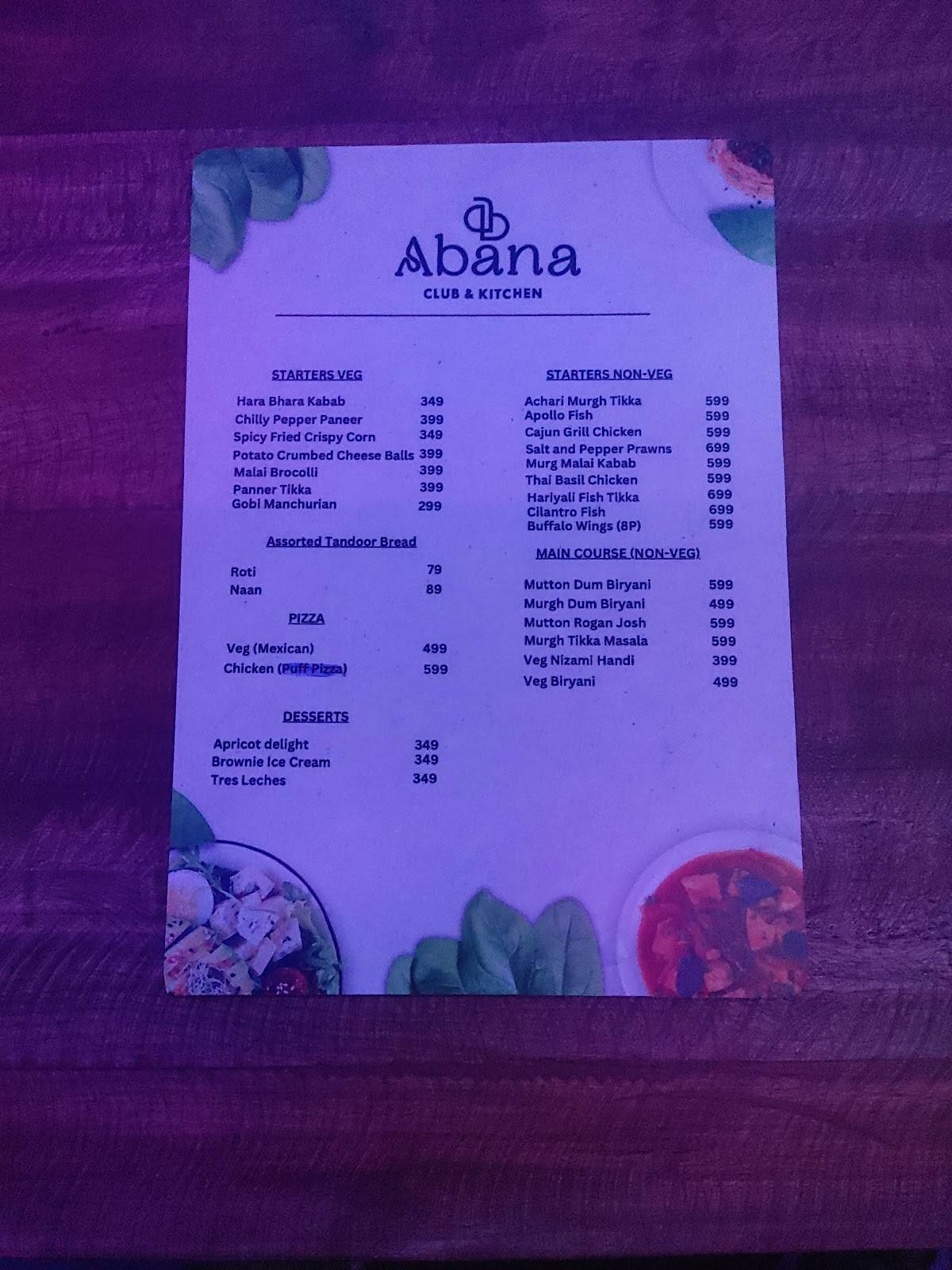 Abana Club & Kitchen menu