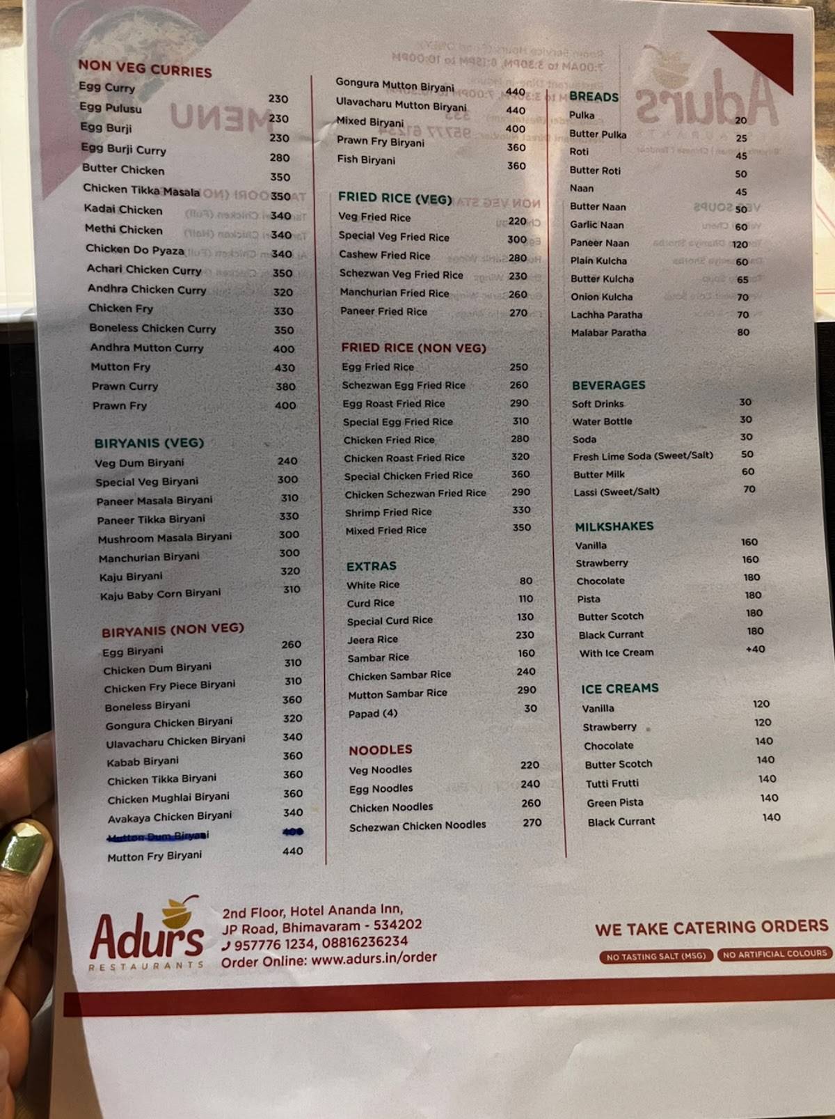 Adurs Restaurants menu