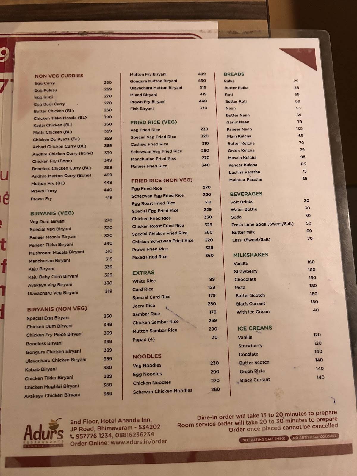 Adurs Restaurants menu