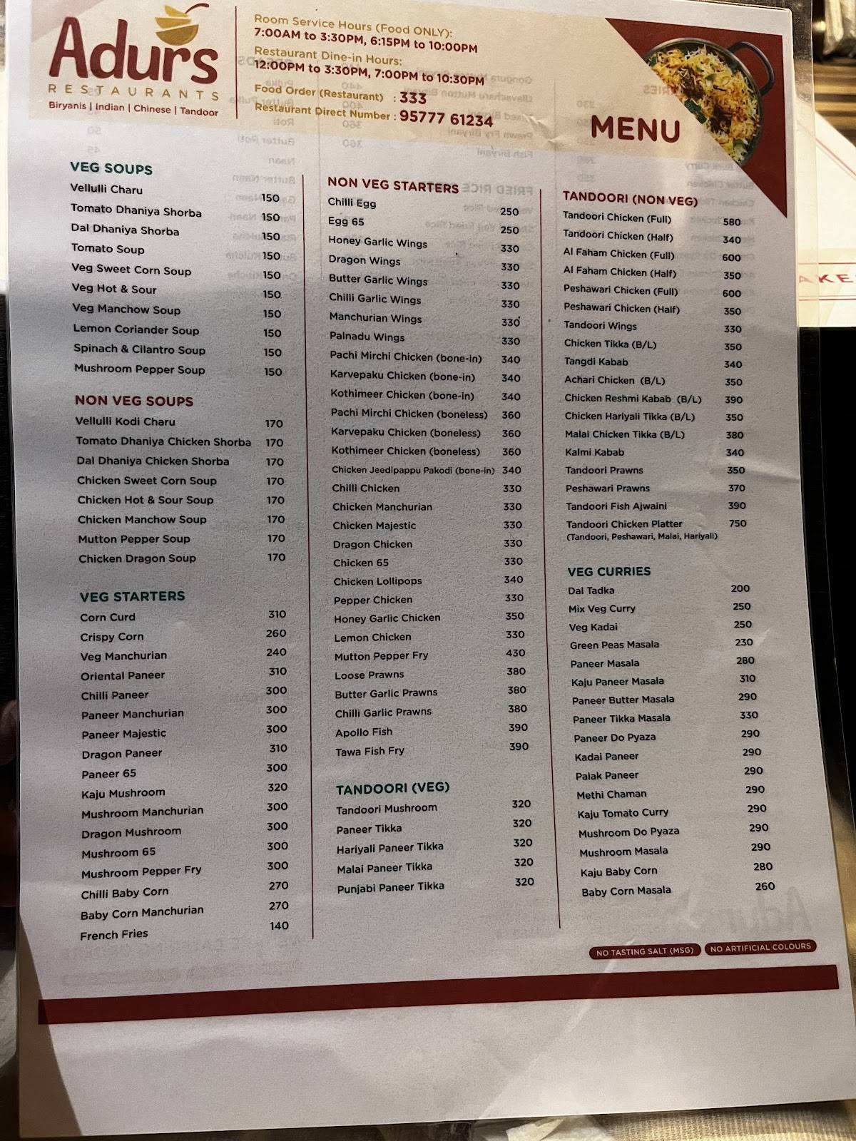 Adurs Restaurants menu