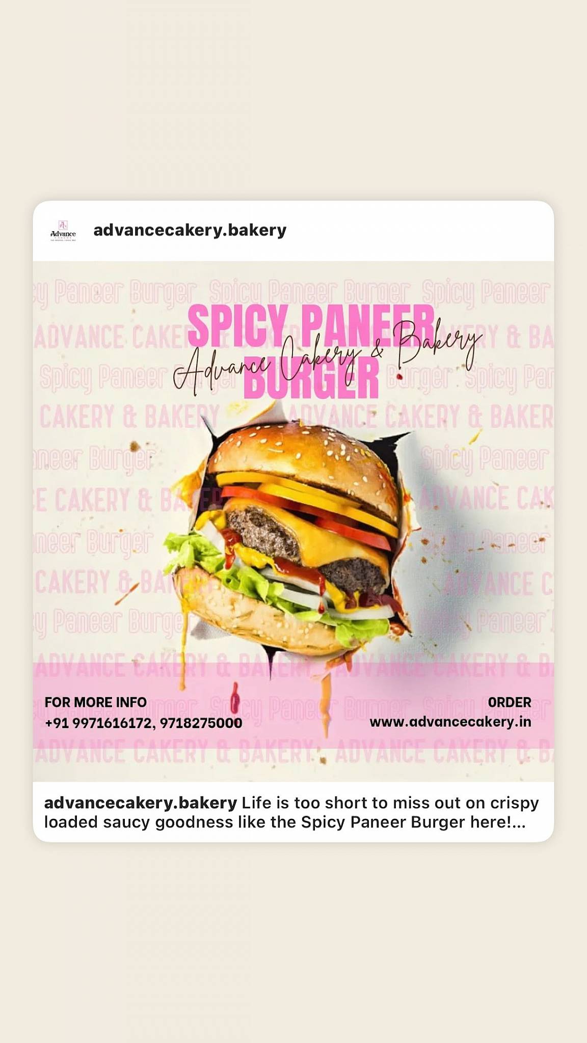 Advance Cakery and Bakery menu