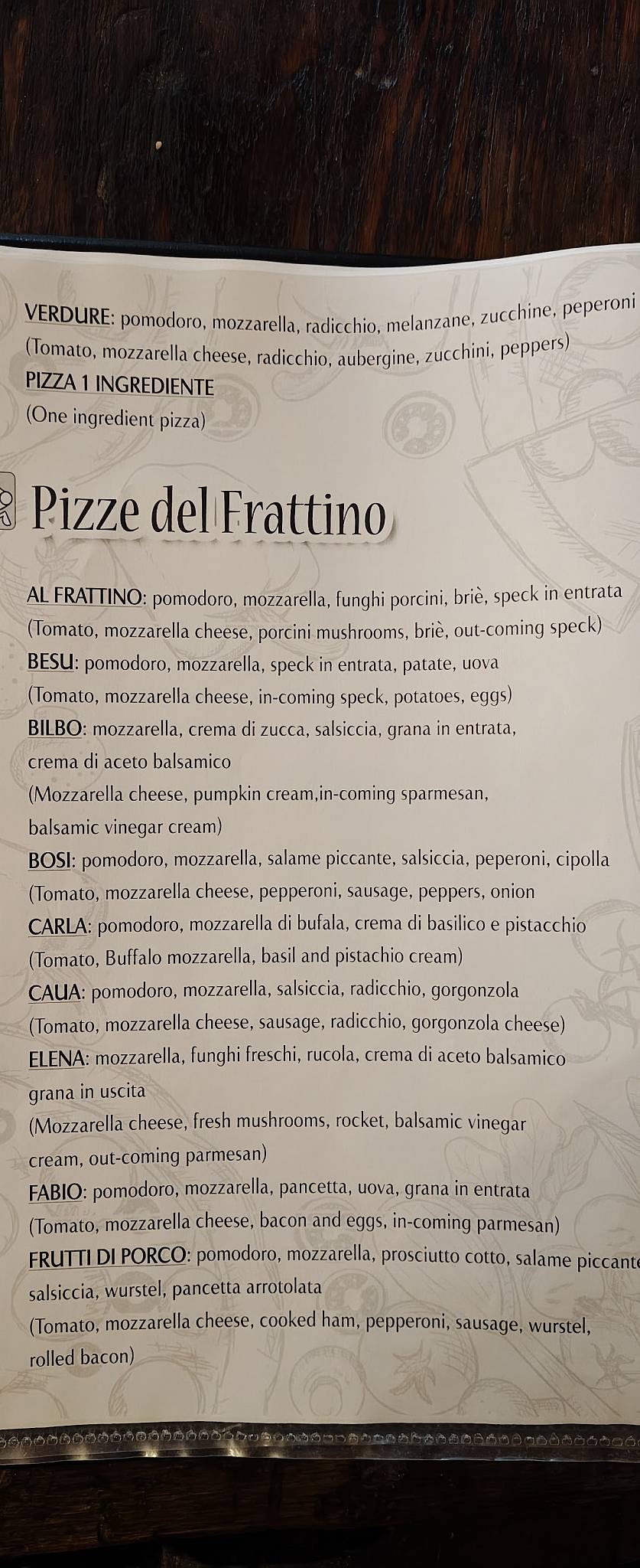 Menu di Al Frattino 
