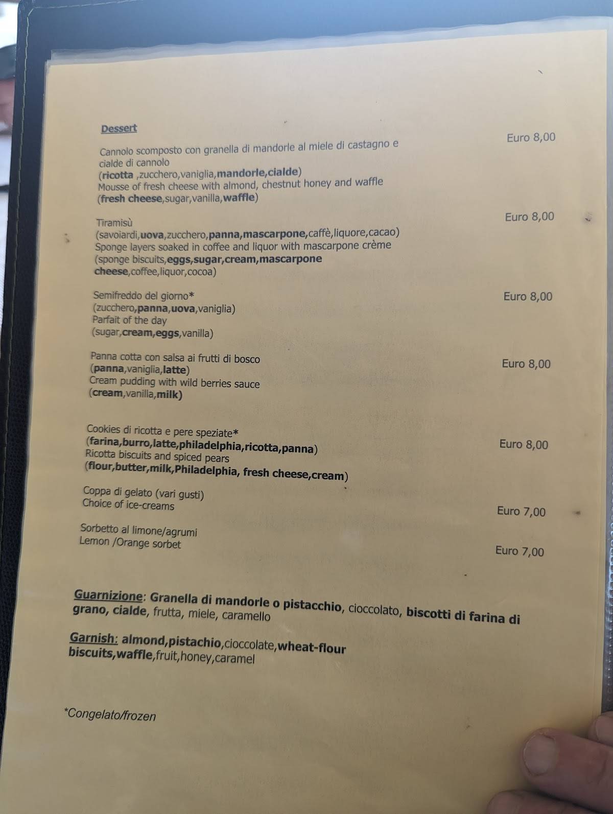 Menu at Al Saraceno restaurant, Taormina, Via Madonna della Rocca