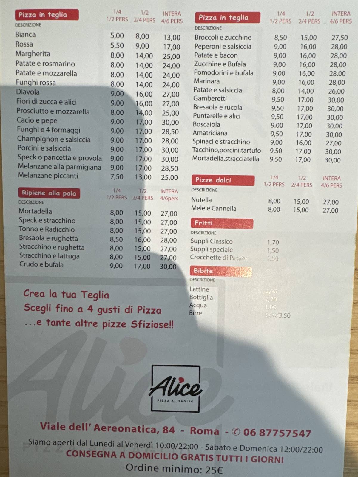 Menu di Alice Pizza Aeronautica 