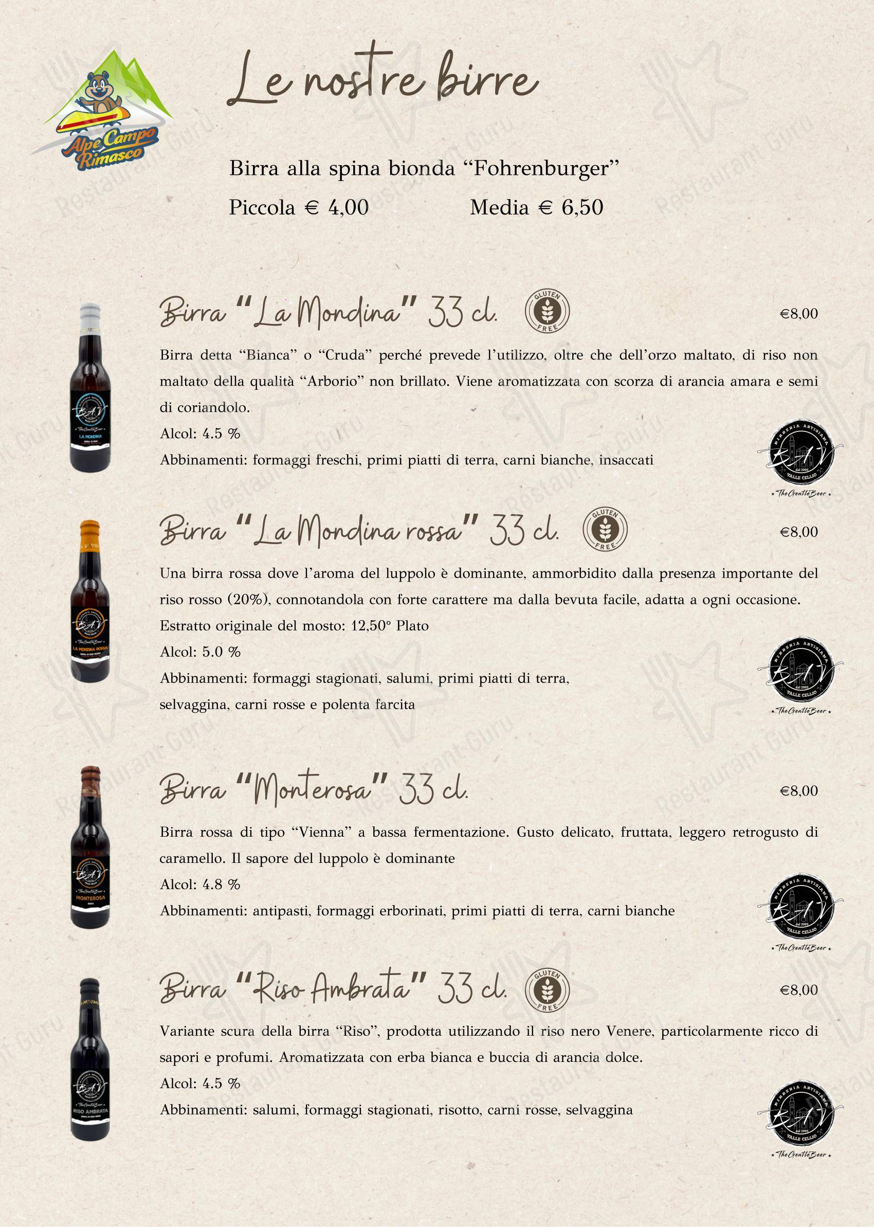 Menu per Alpe Campo Rimasco ristorante