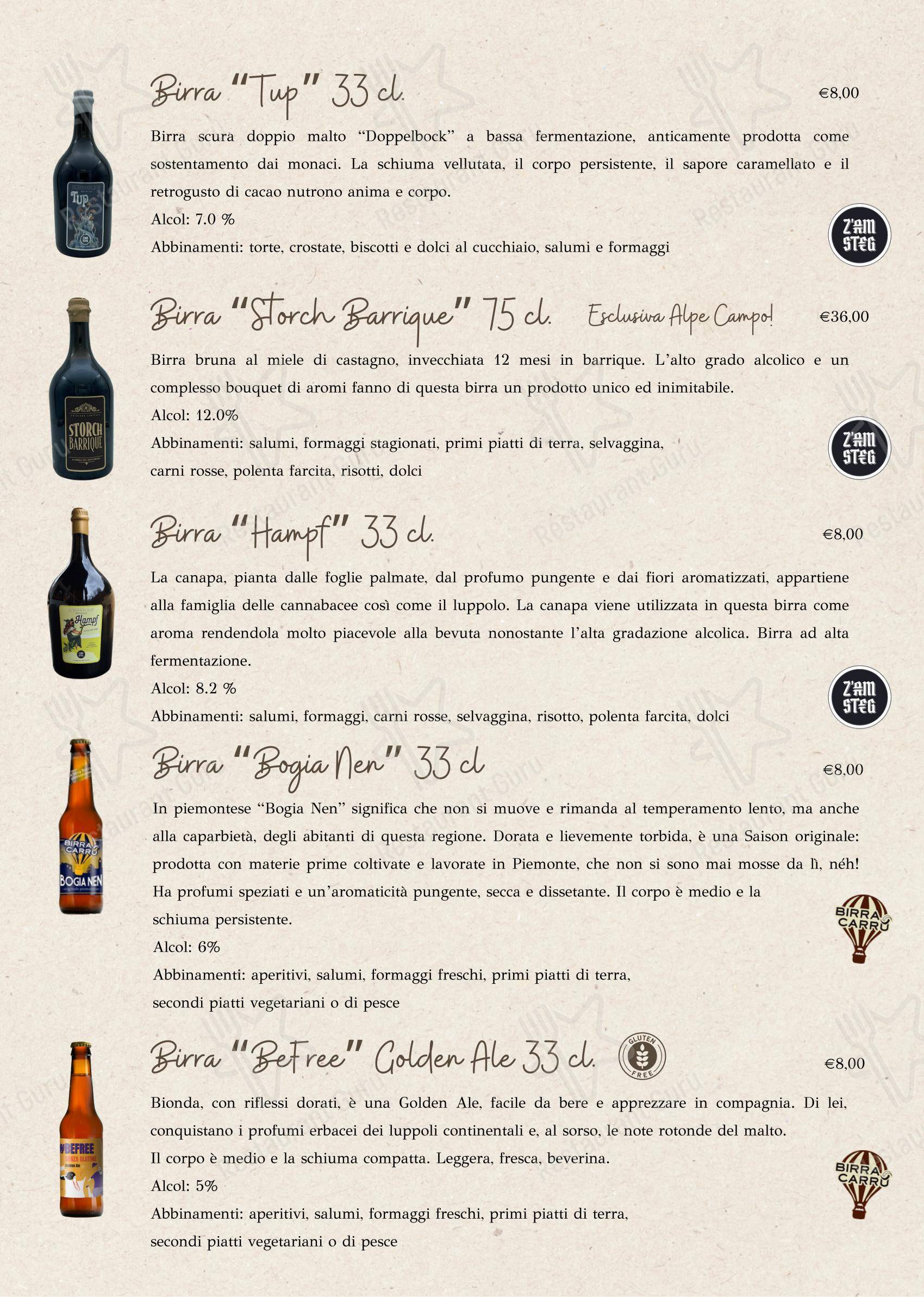 Menu per Alpe Campo Rimasco ristorante