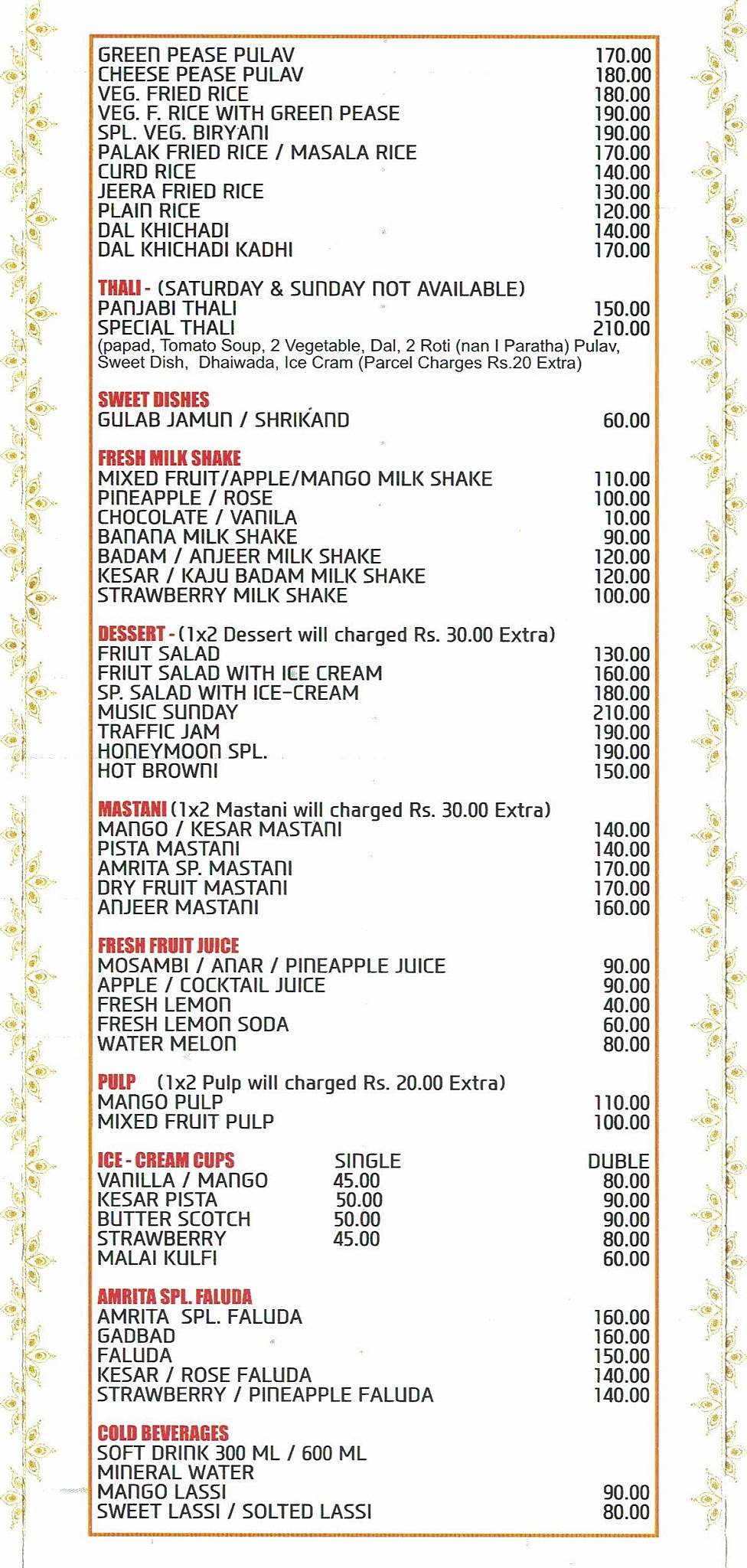 Amrita Pure Veg Restaurant menu