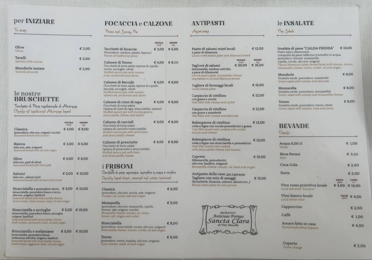 Menu di Antico Forno Santa Chiara 